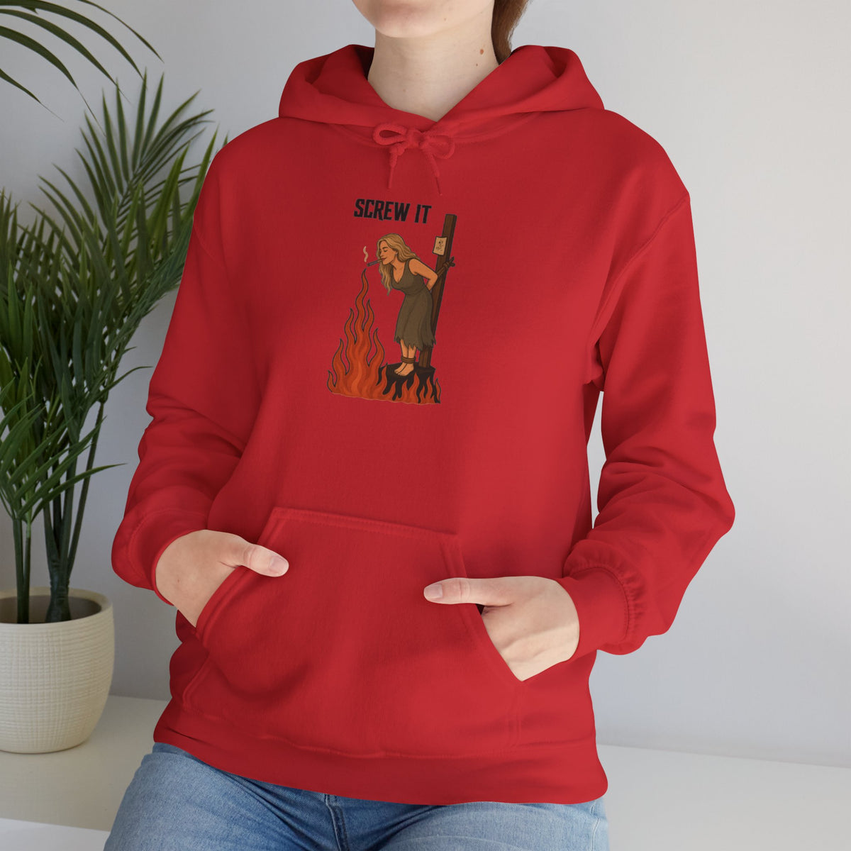 Screw It Hoodie – Funny Retro Character Flaming Witch Graphic Sweatshirt