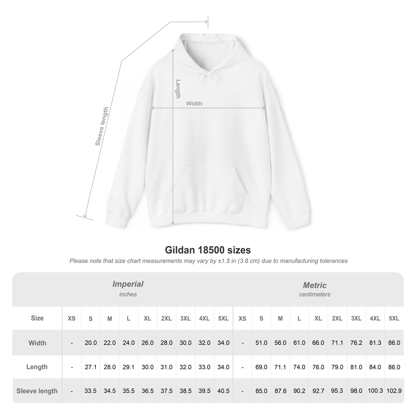 Gildan 18500 hoodie size chart with imperial/metric measurements overlaid on white hoodie graphic