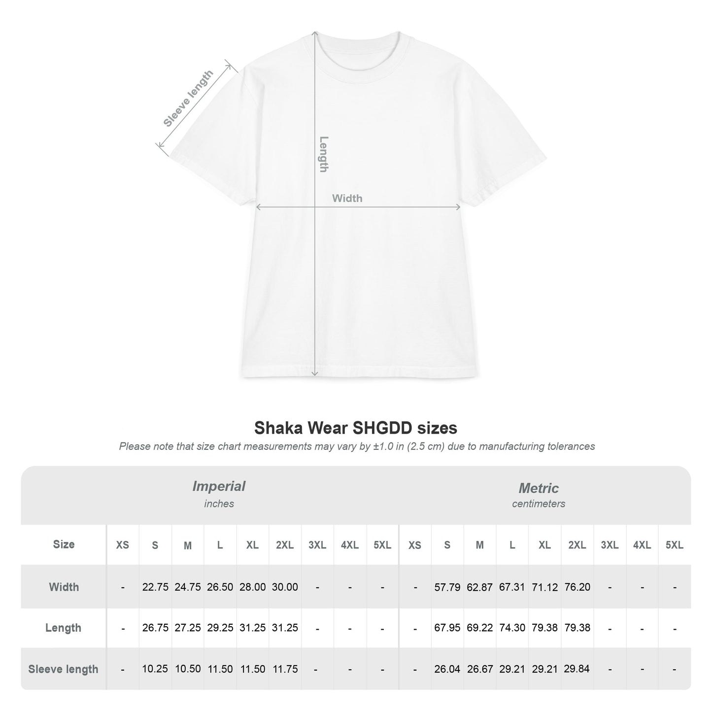 ShakaWear size chart showing GGD tee dimensions, imperial vs metric tables