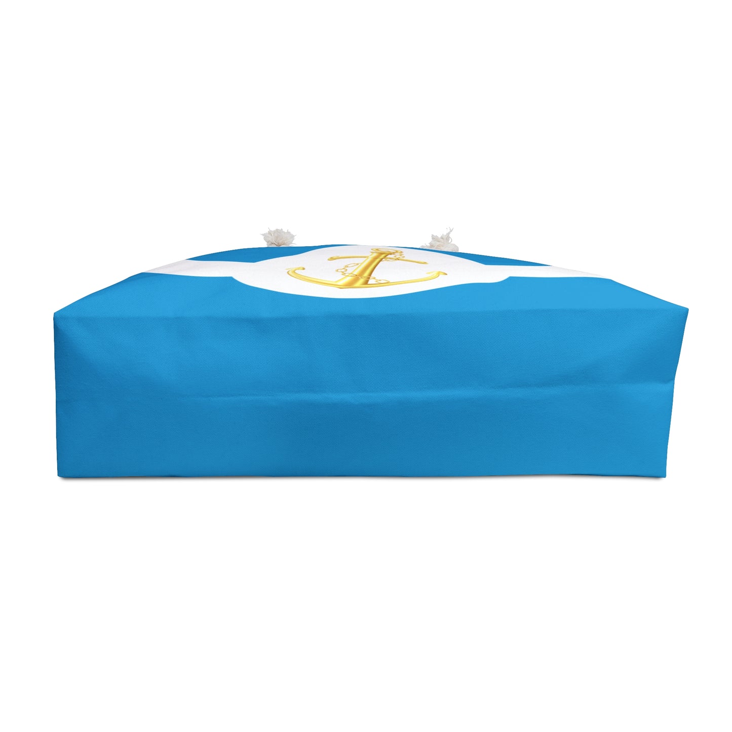 Side view of structured blue-striped beach tote showing T-bottom depth, white panel with gold anchor detail