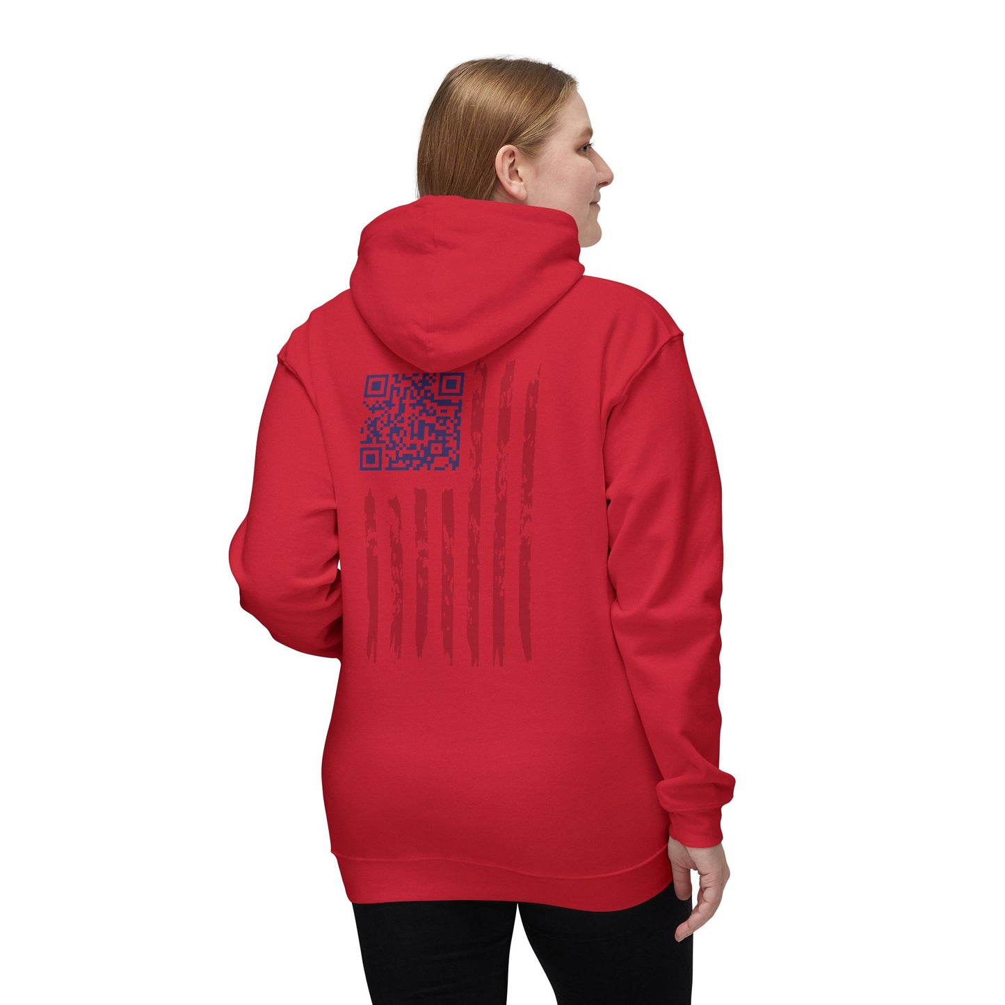 Female model back view in red hoodie featuring distressed flag design and integrated blue QR code