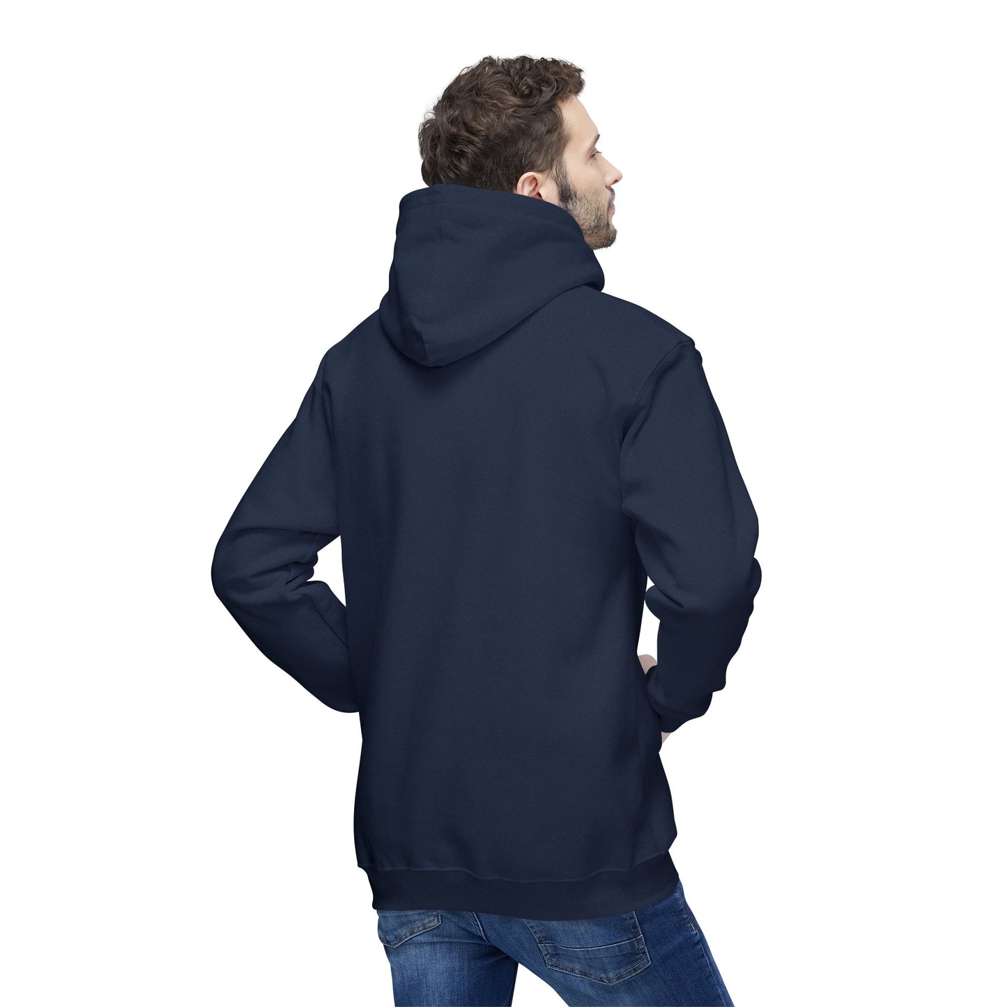 Side-back view of model wearing plain hunter green pullover hoodie, relaxed fit with ribbed cuffs and hem