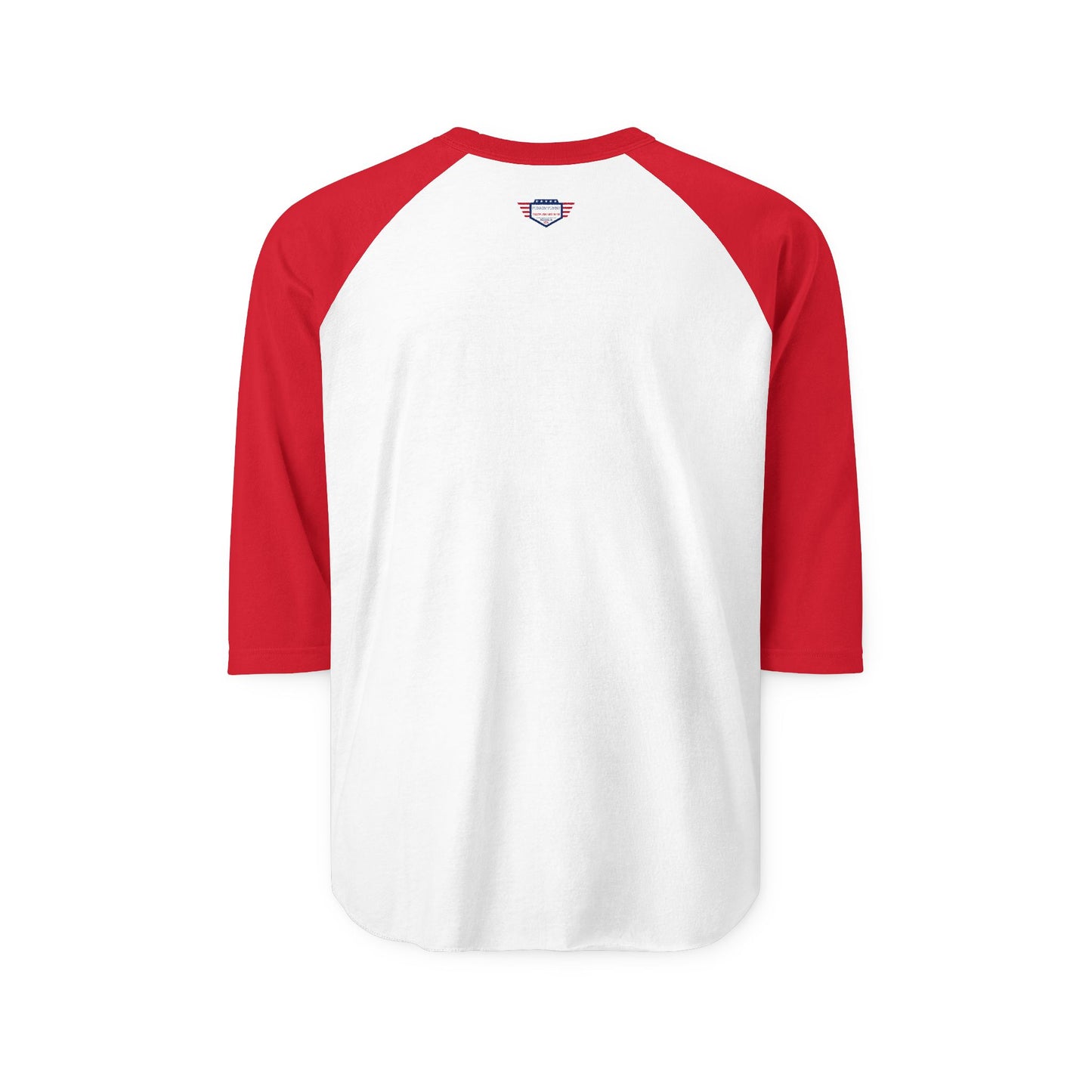 Back view of white raglan shirt with red sleeves, crisp neck label for casual comfort