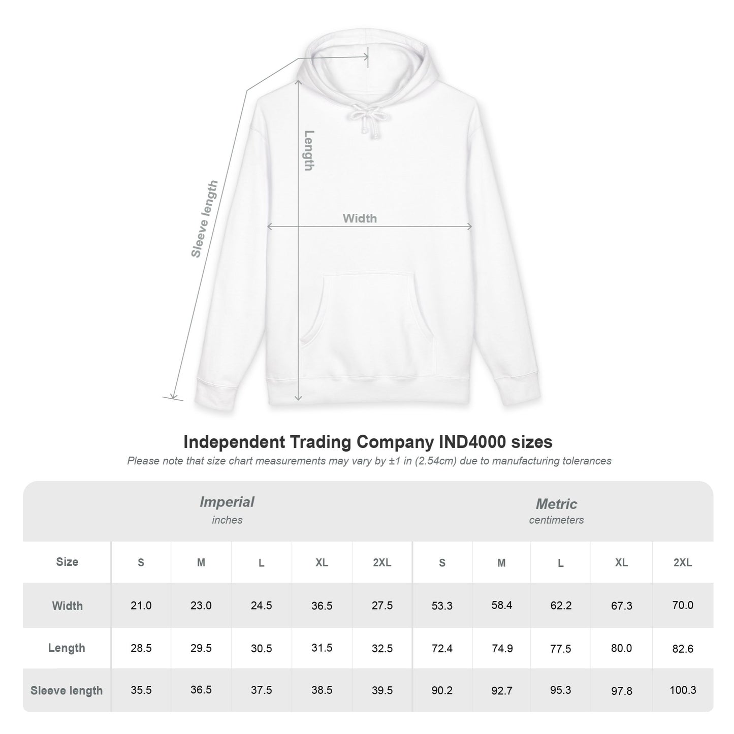 Light pink hoodie size guide overlay, measurements in inches/cm, ±1in tolerance