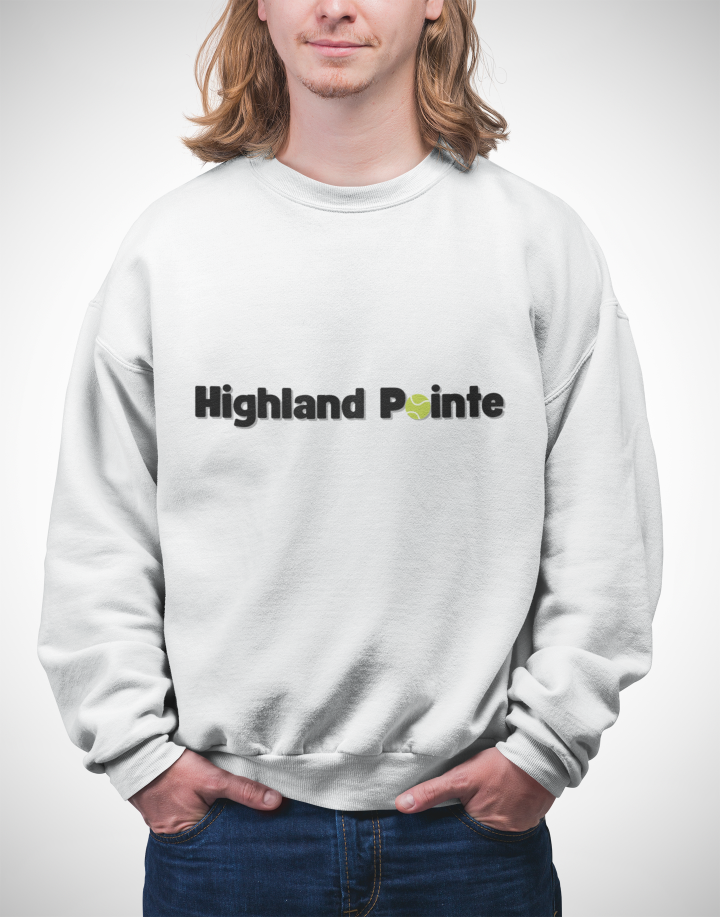 Guy rocking white long-sleeve tee front view, "Highland Pointe" print with cheeky tennis ball emoji