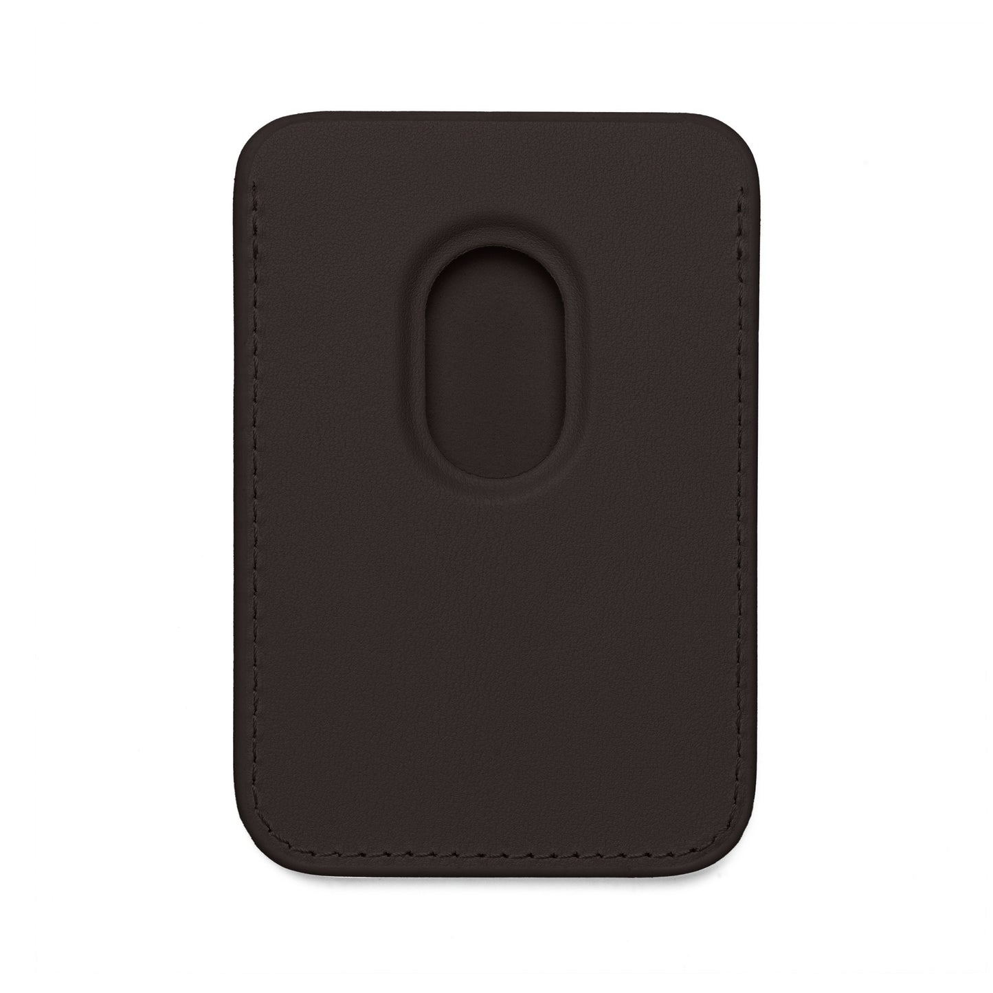Plain black vegan leather MagSafe wallet front showing oval card slot — minimalist magnetic magic