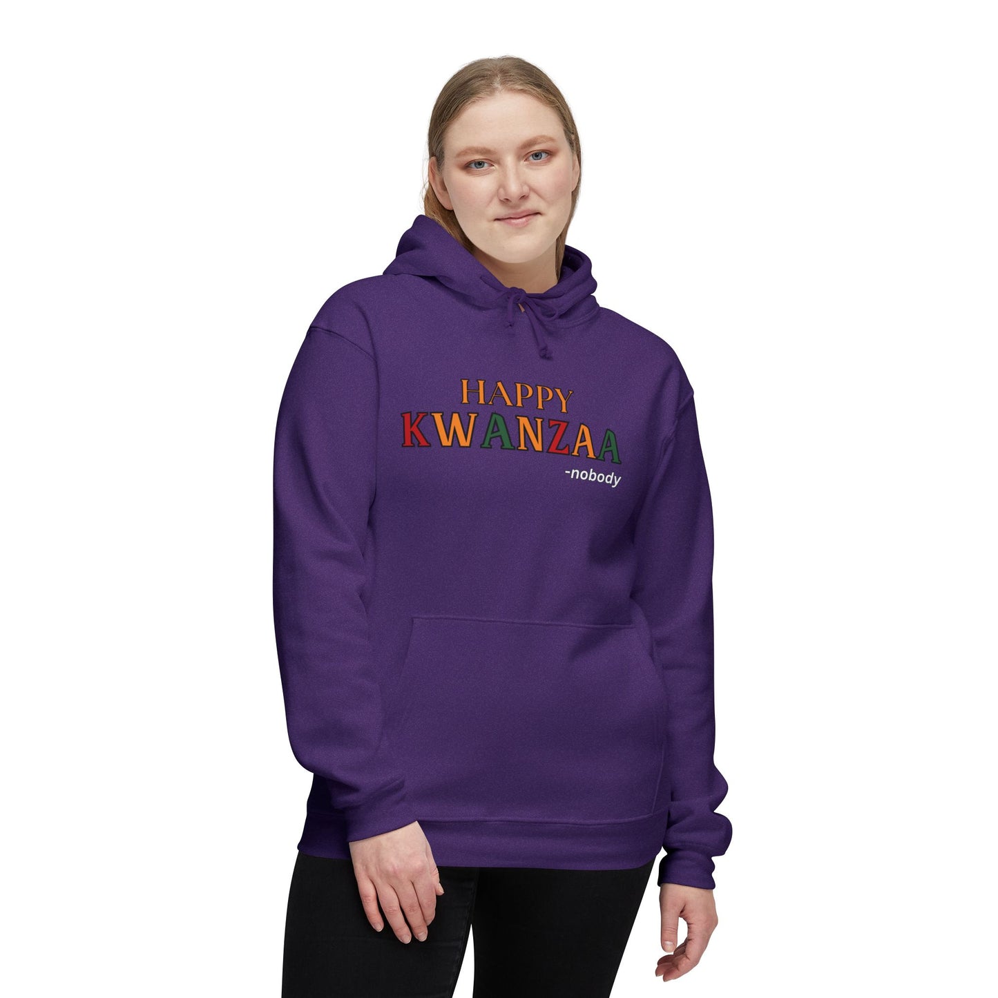 Woman modeling purple hoodie front with "Happy Kwanzaa -nobody" in bold Pan-African colors