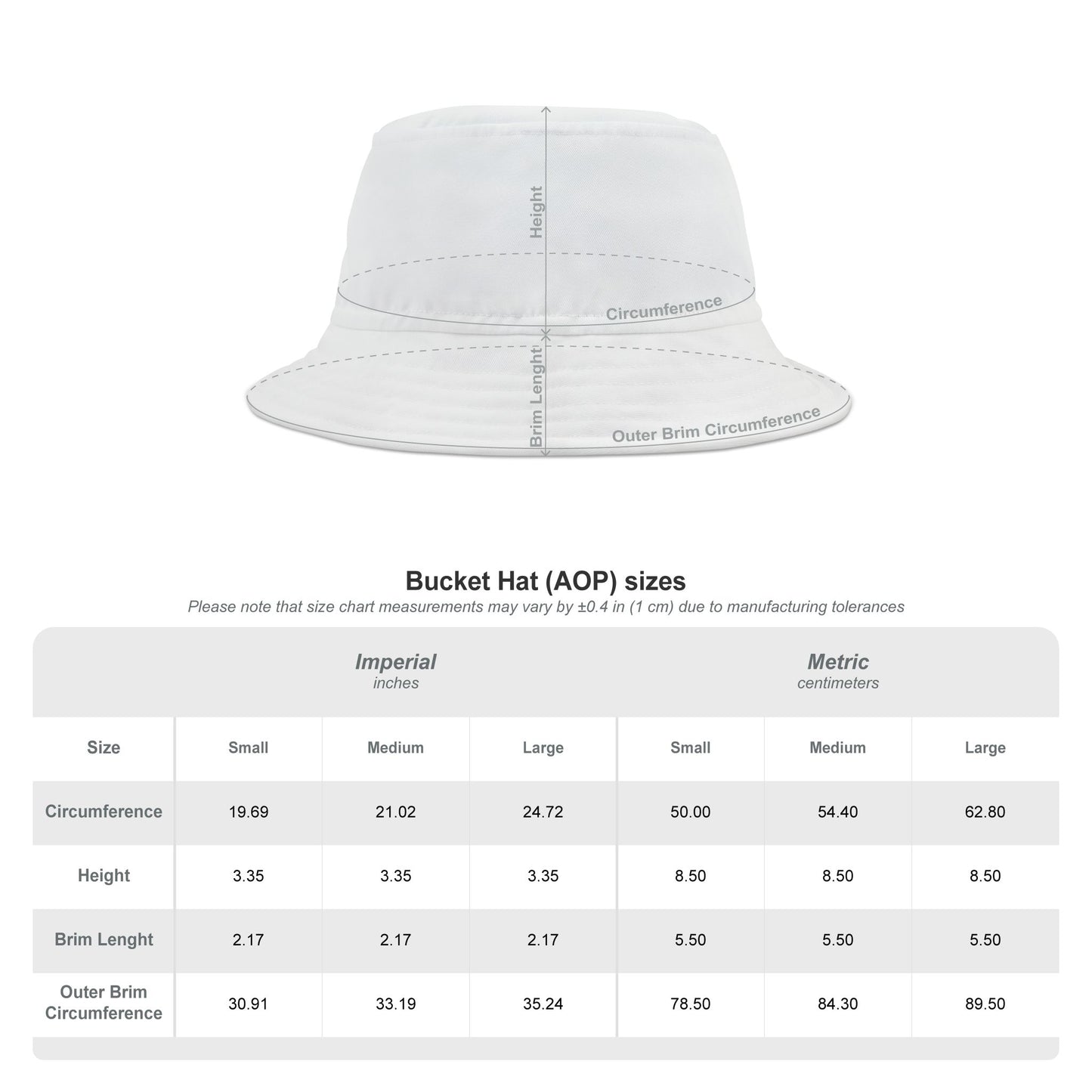 Detailed sizing guide for bucket hat, imperial/metric table for small/medium/large with brim specs