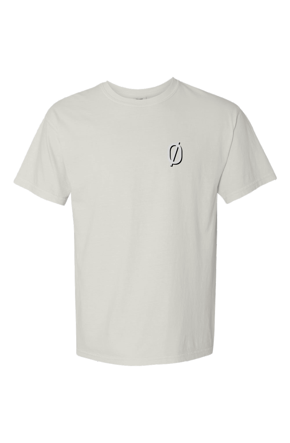 Front view of off-white ultra heavyweight t-shirt with subtle black ∅ logo on left chest