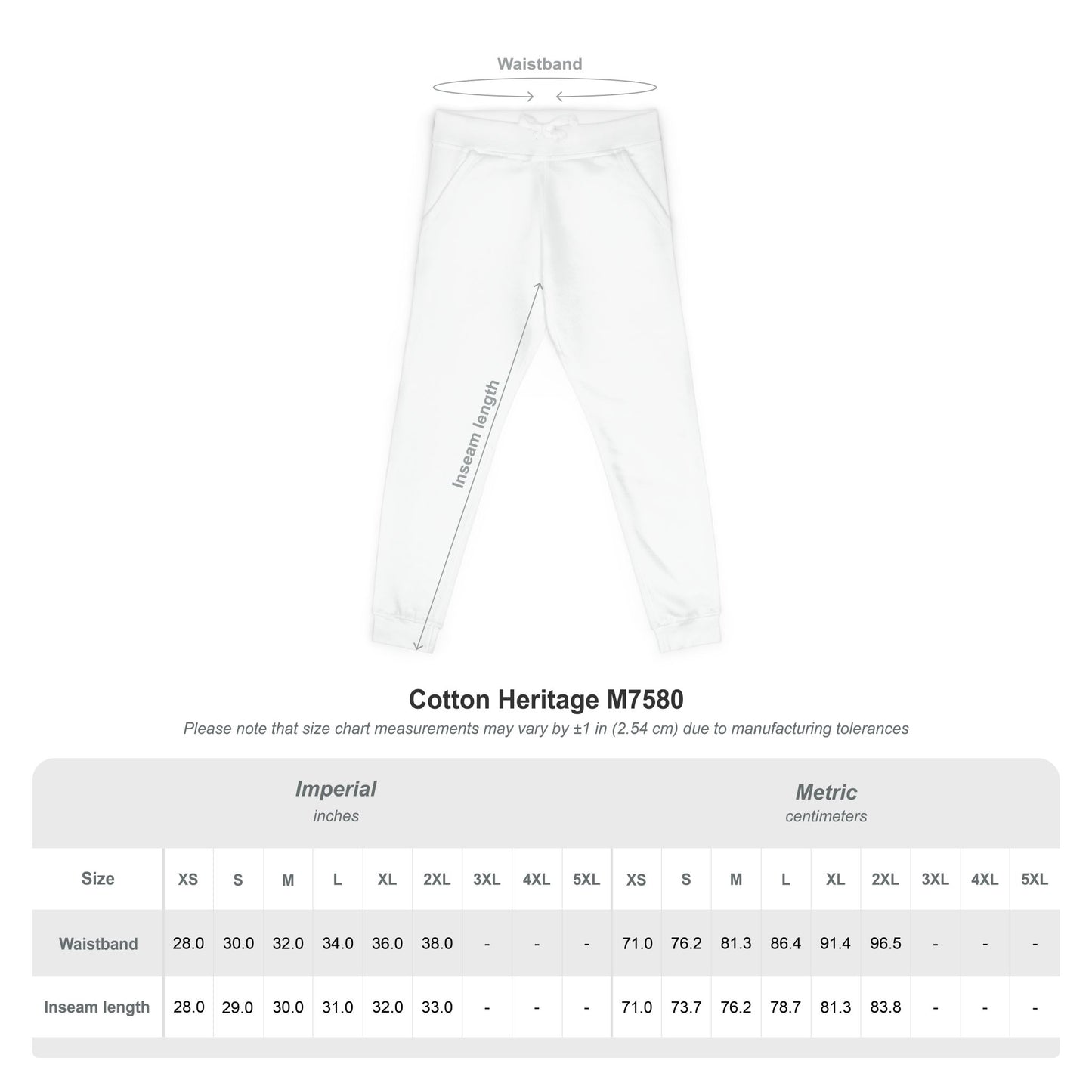 Size chart for Cotton Heritage M5780 jogger sweatpants, waistband/inseam/rise measurements in inches/cm for XS-2XL