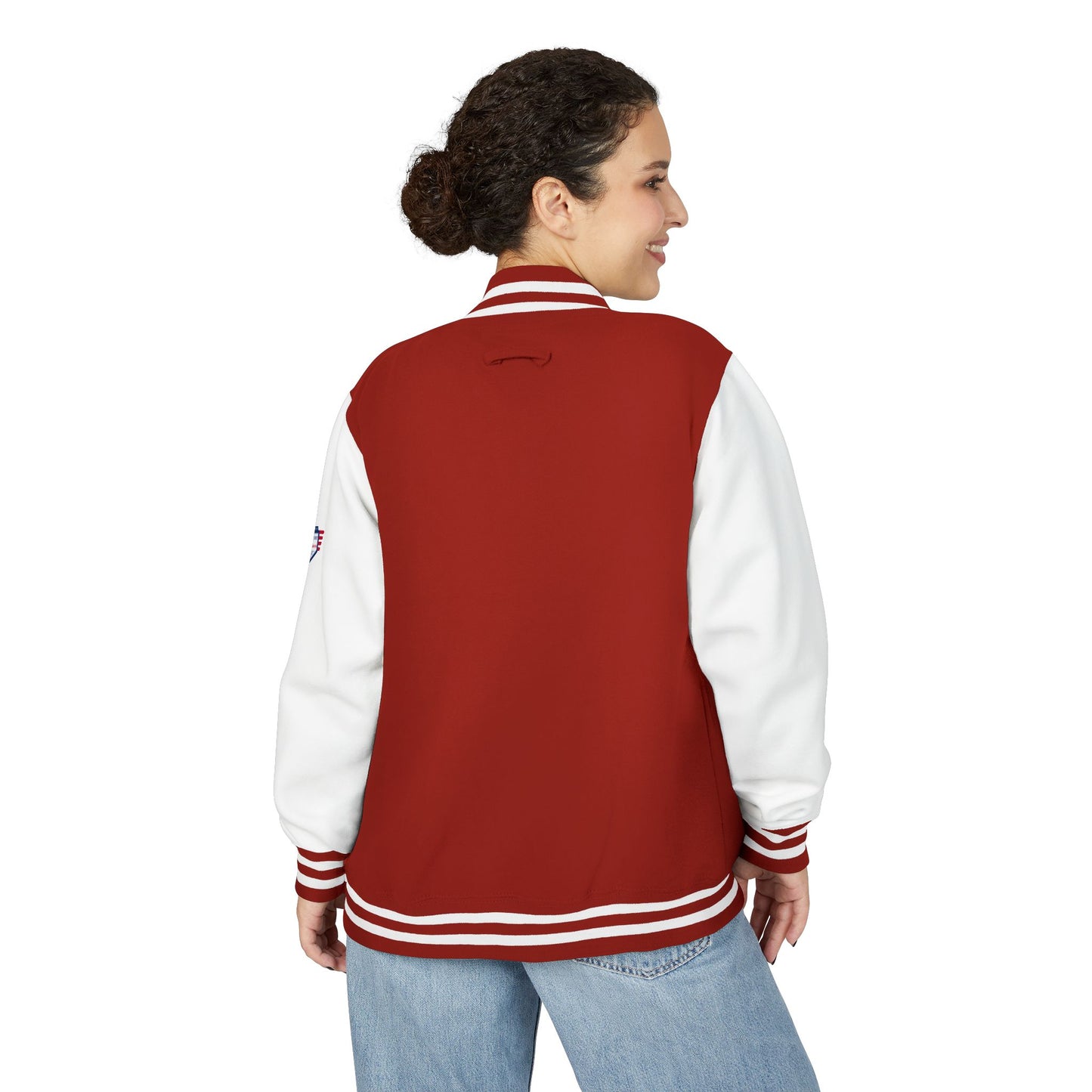 Side view of woman model in scarlet red OSU letterman jacket, turned to show back, USA flag sleeve patch, cozy Buckeye swagger