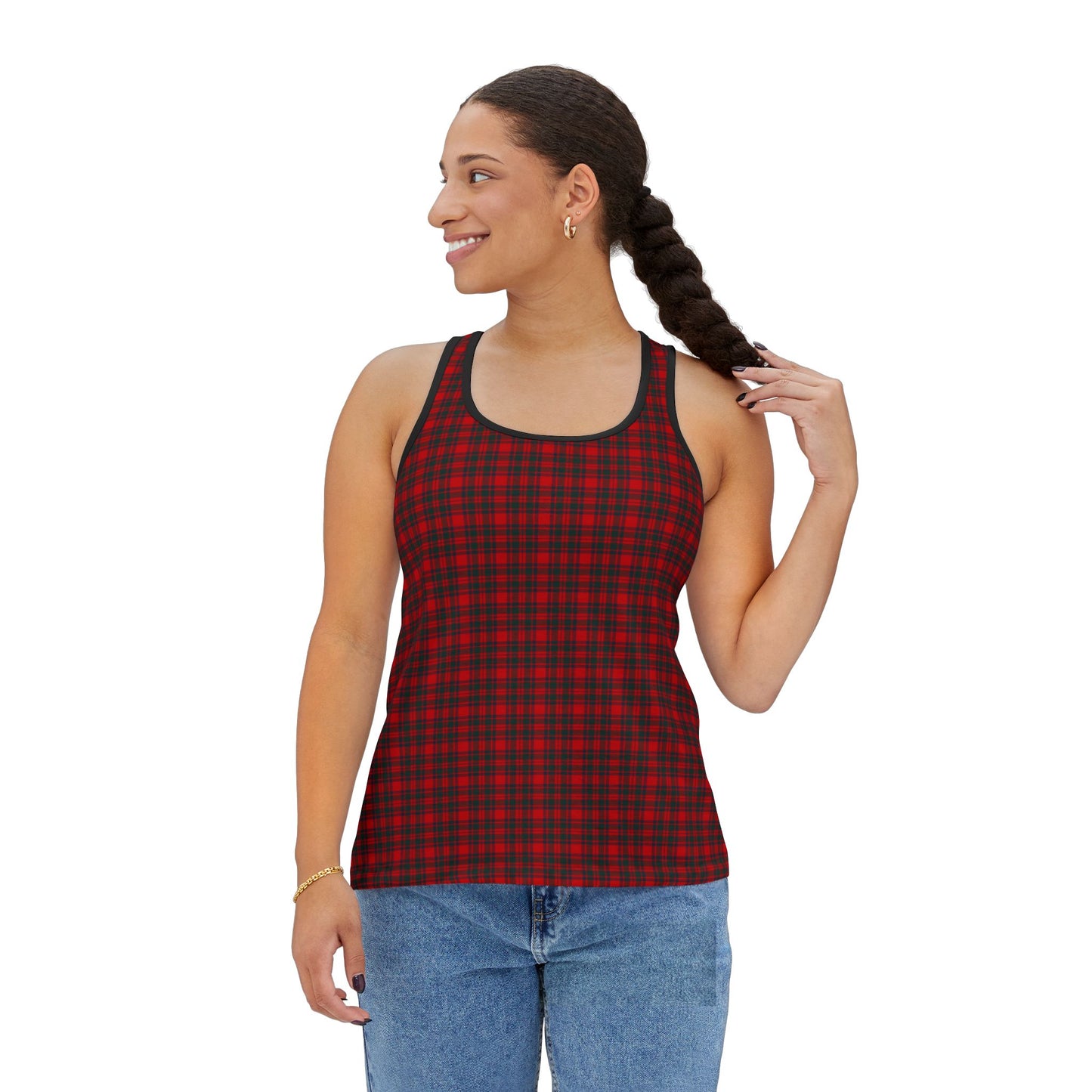 Side view of smiling model wearing red-and-black Clan MacKintosh plaid racerback tank top with jeans, casual vibe
