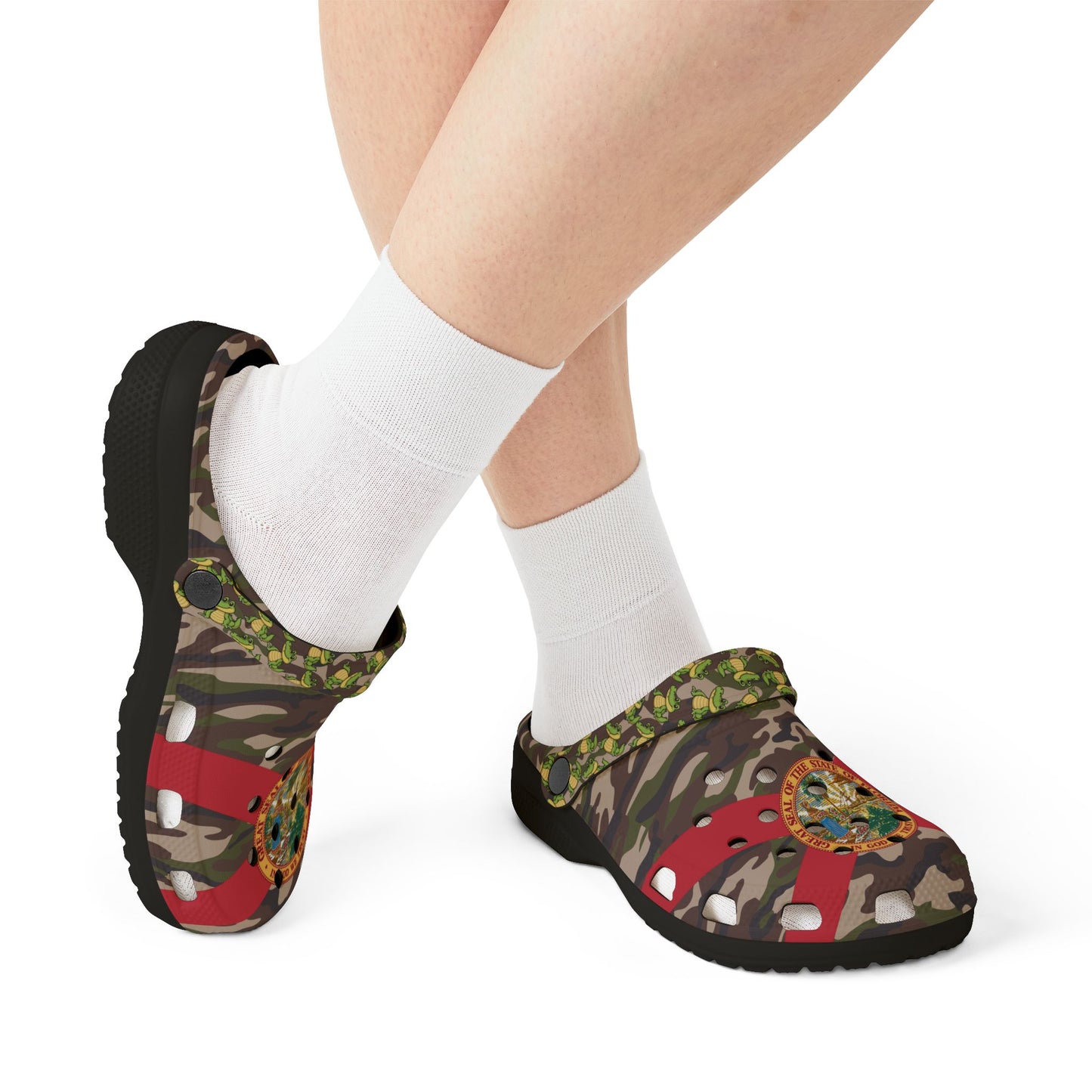 Back-front model view of Florida Gator camo clogs on feet, white socks, camo with red stripes, gator seal shines