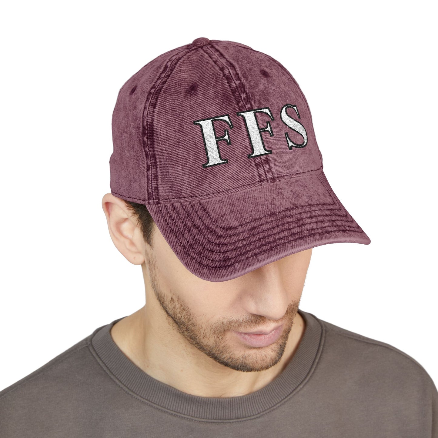Front view of bearded man in grey hoodie rocking distressed maroon "FFFS" embroidered cap
