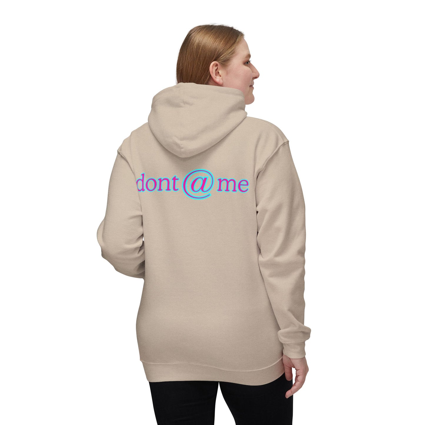 Back view of woman in sand hoodie with eye-catching "dont @ me" back print