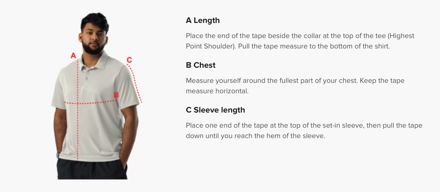 Light grey Trojan MTB polo flat lay with size guide overlay: A length, B width, C sleeve measurements