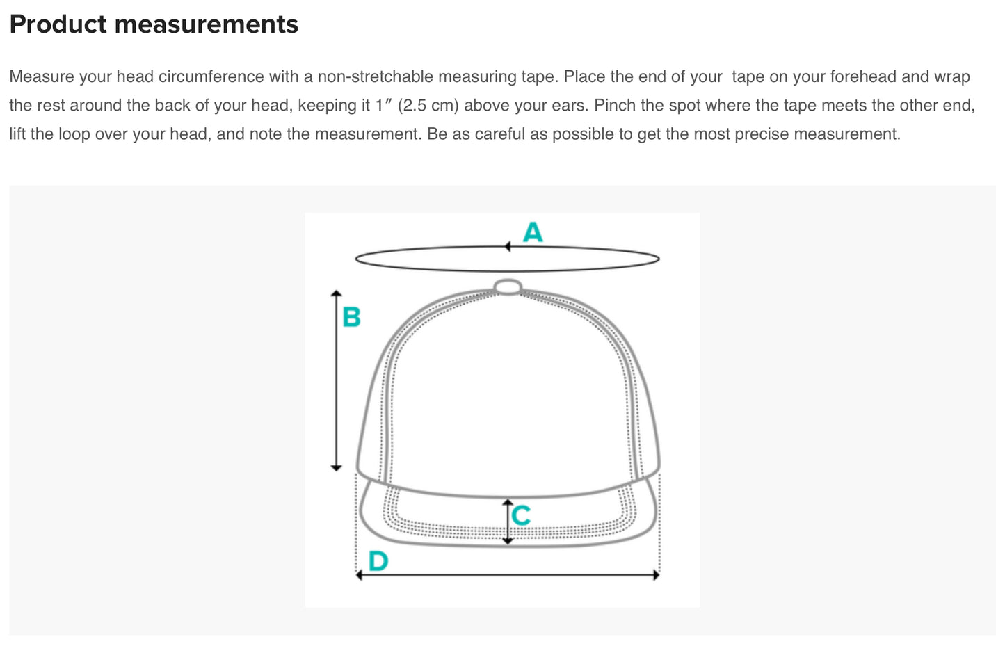 Hat size guide diagram with measurements A (head circ.), B, C, D on snapback outline