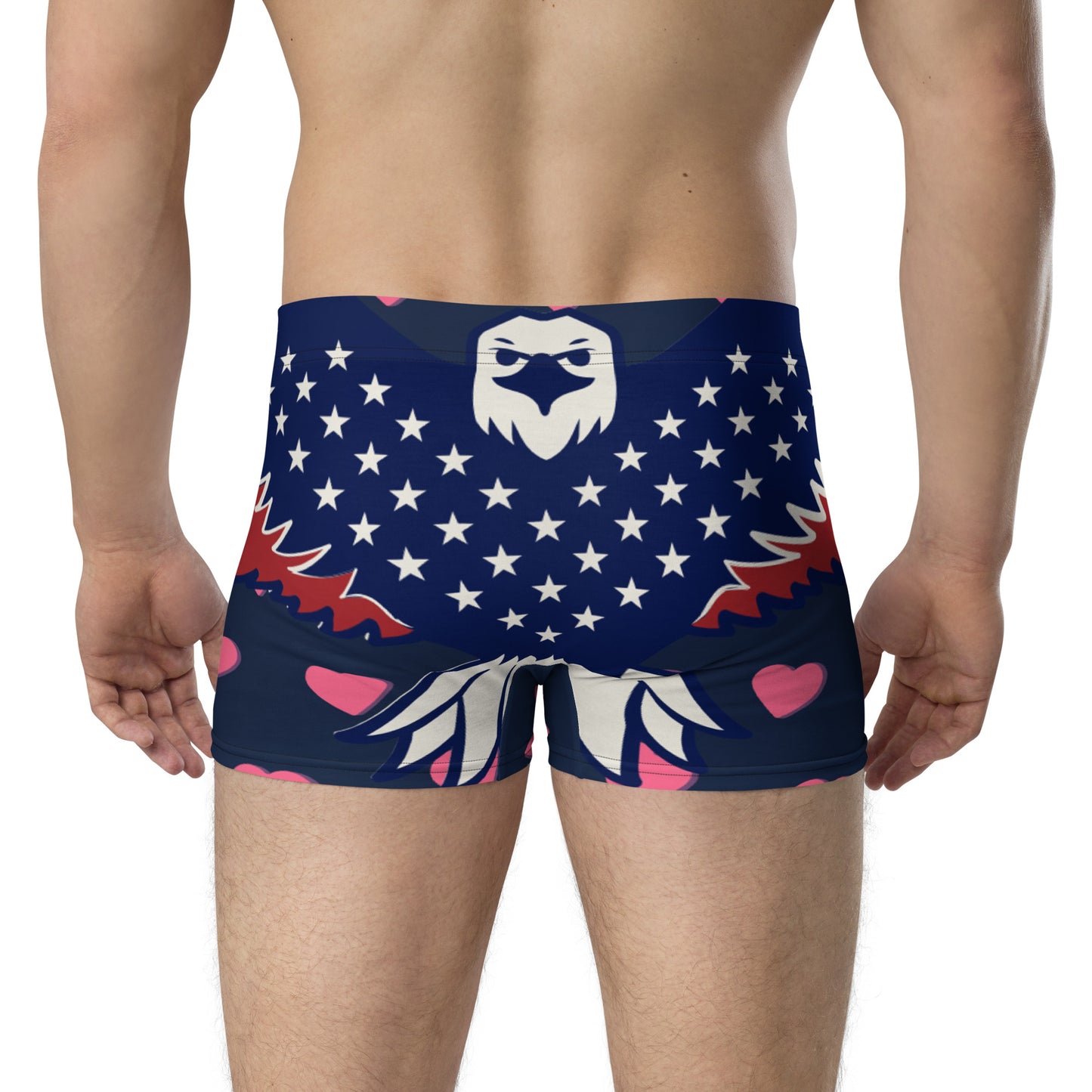 Model full rear view of navy boxer briefs with central white eagle head, stars field, pink hearts surround