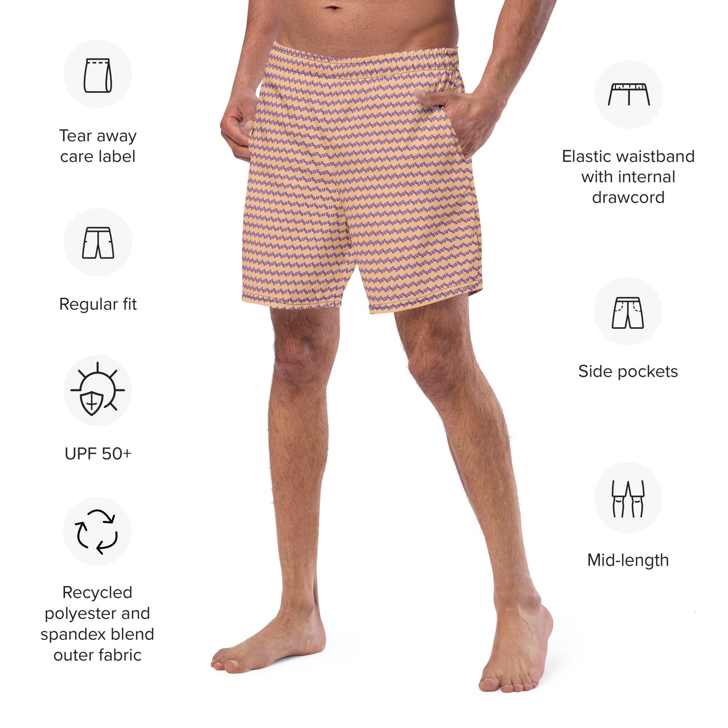 Model in peach swim trunks with purple "sus" print, posed to show drawcord, pockets, and UPF features