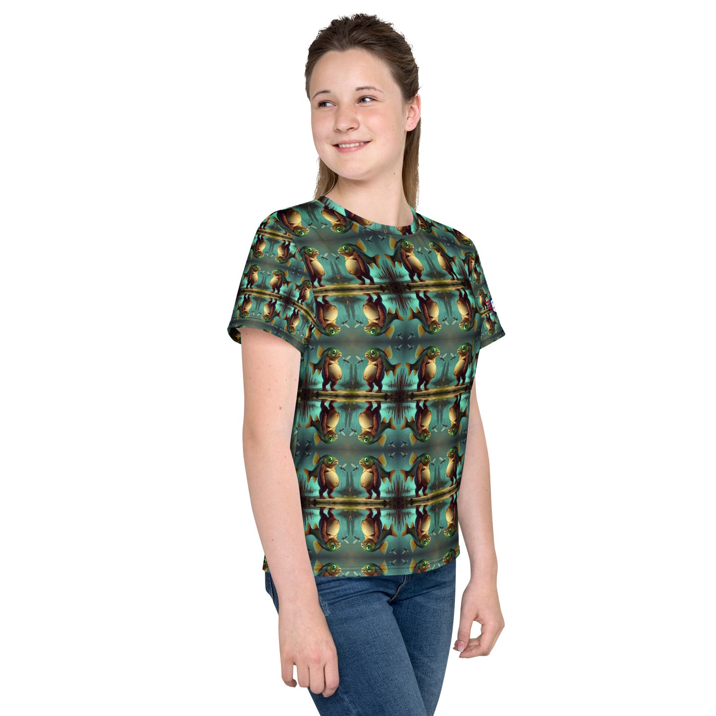 Left side view of smiling tween in Trippi Troppi youth tee, vibrant teal metallic tiger pattern vibes