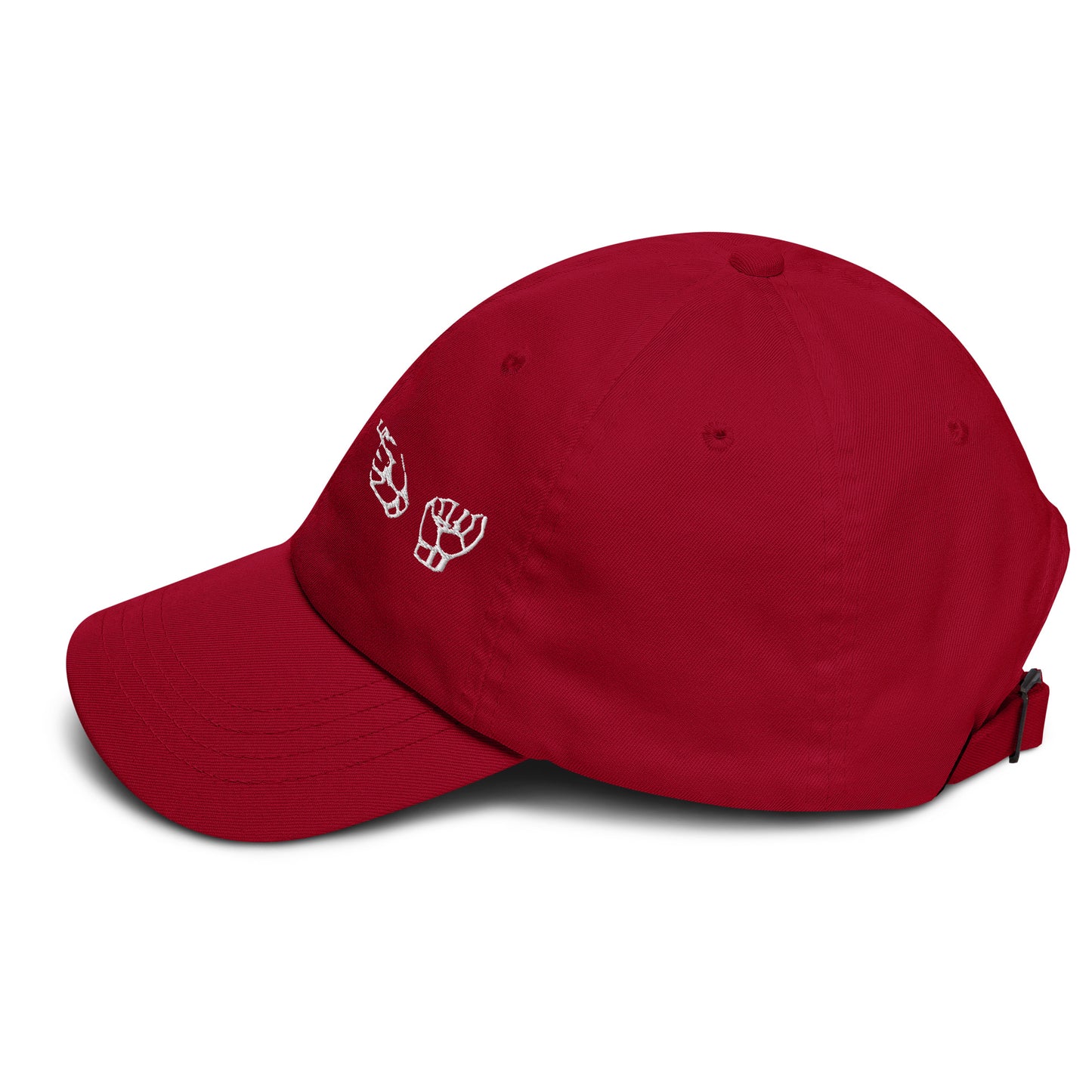 Opposite side view of red dad hat, curved visor, white hand gesture embroidery peeking out