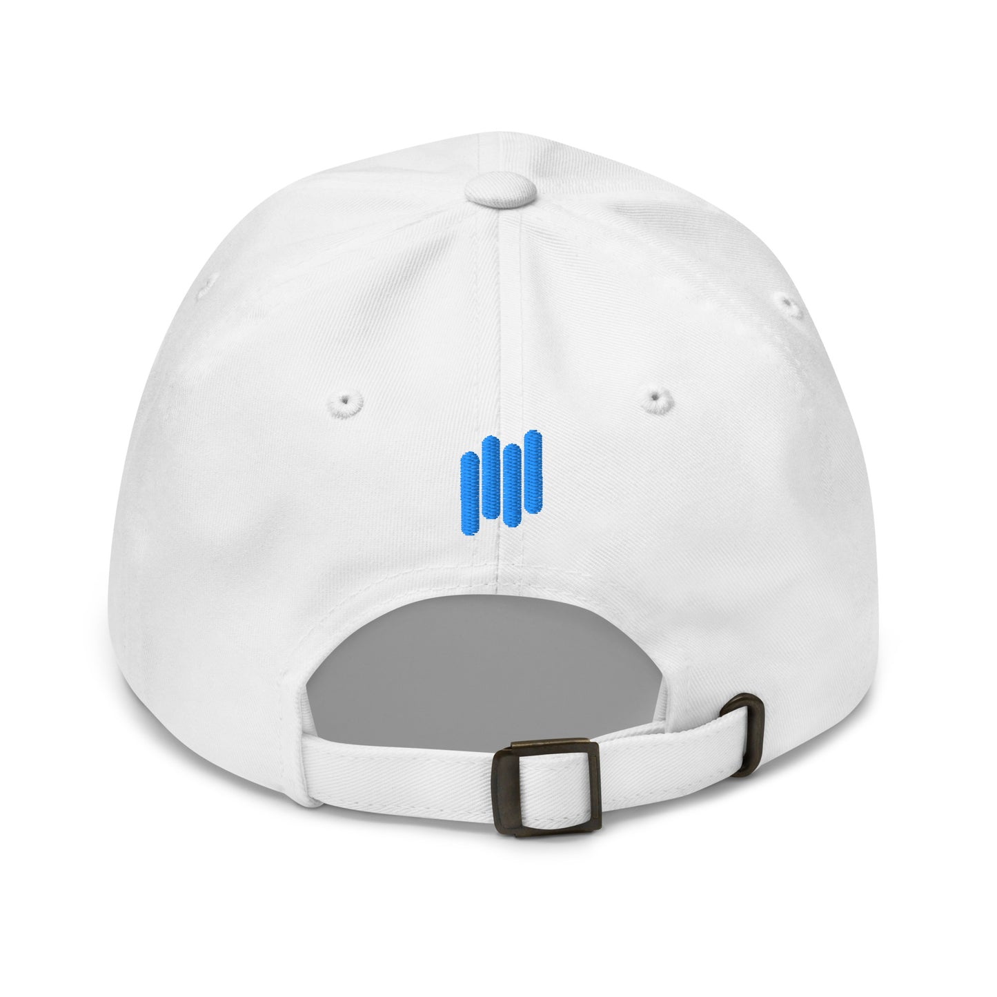 Back view of white dad hat featuring blue bars embroidery and antique brass strap buckle