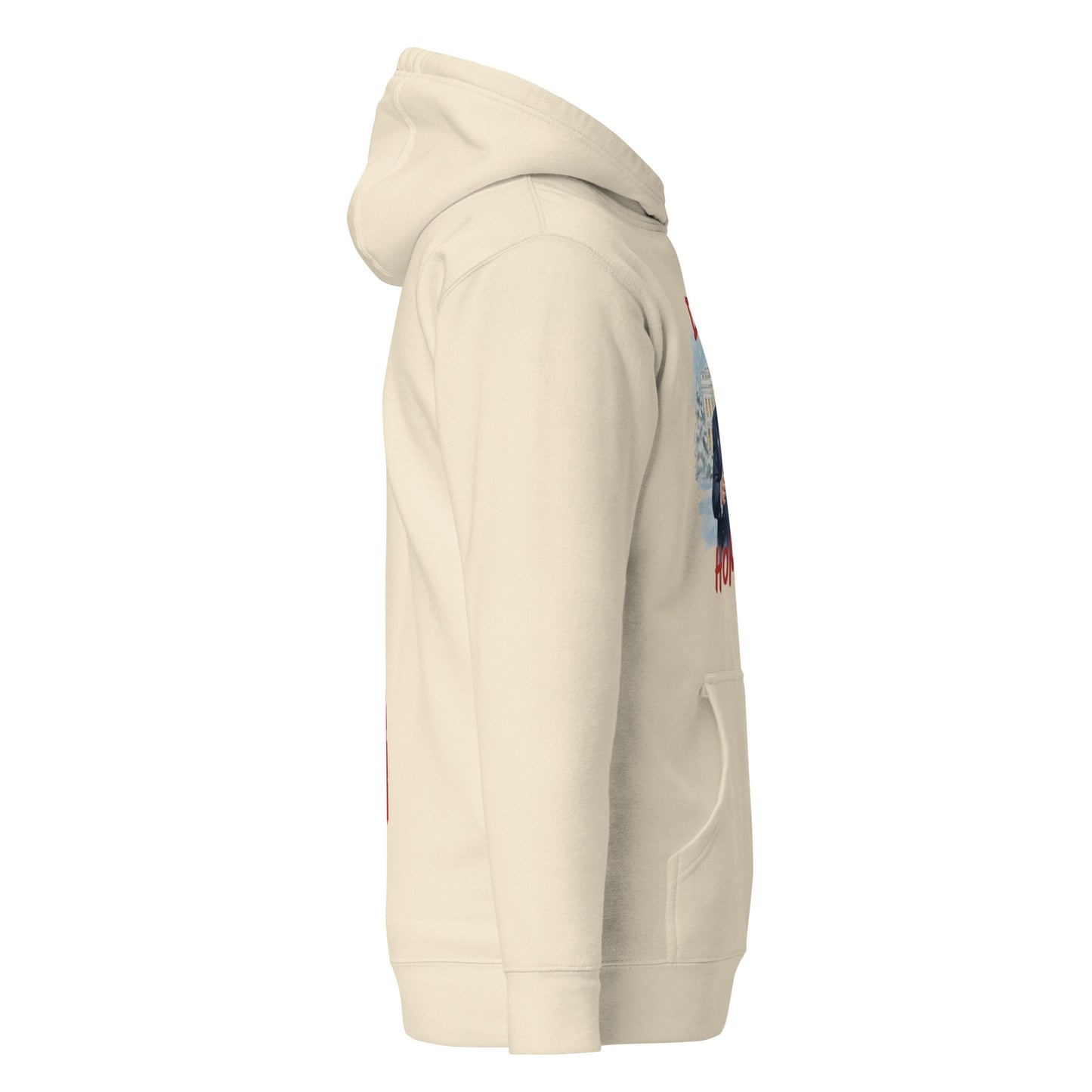 Left-facing side view of cream hoodie with pouch pocket and partial front design peek