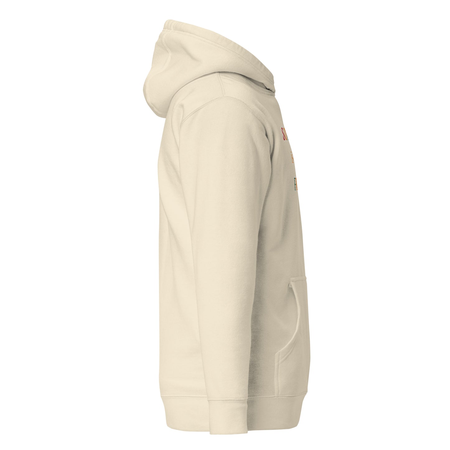 Left side profile of bone hoodie with visible pouch pocket and edge of chest print