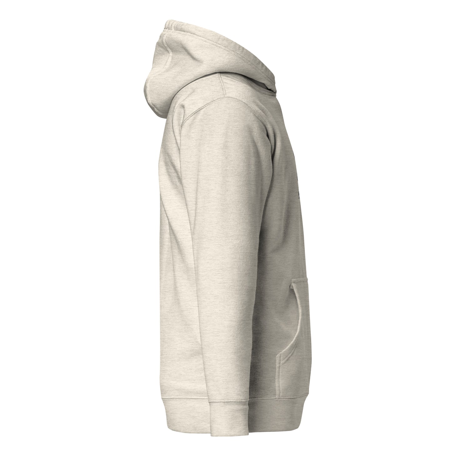 Left side view of light heather gray hoodie highlighting kangaroo pocket and relaxed fit