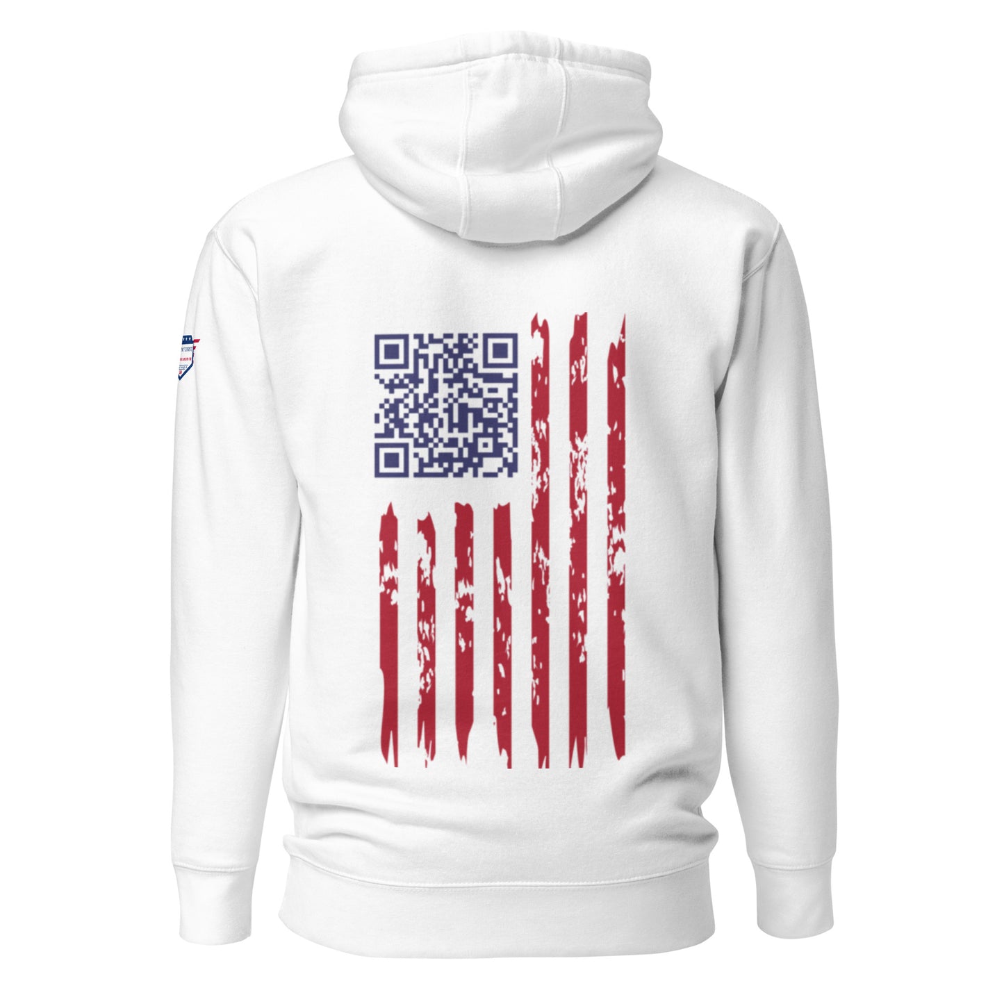 Back view of white Trump Christmas hoodie with navy QR code atop distressed flag stripes