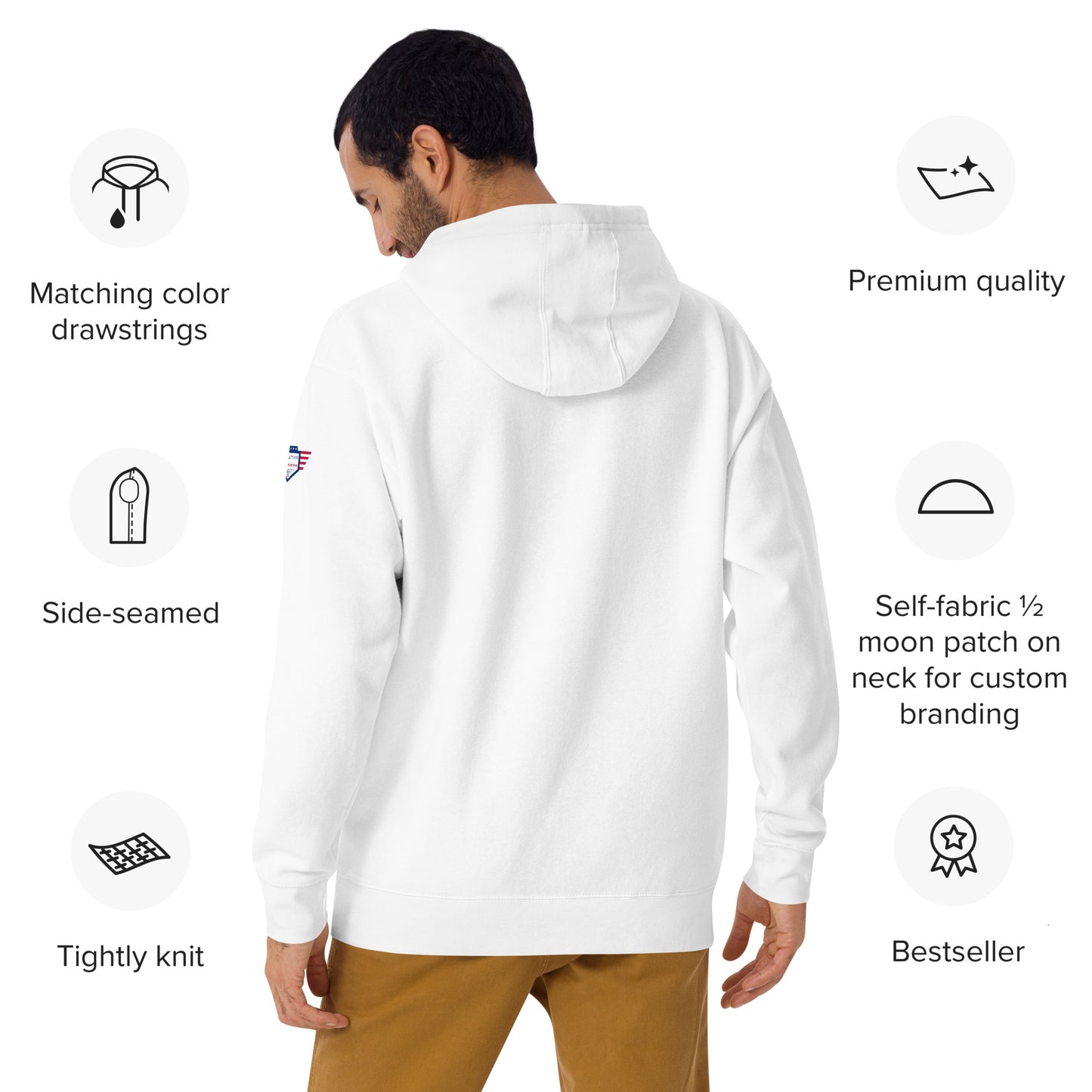 Back view of model in white unisex hoodie showing sleeve USA patch and self-fabric neck branding callouts