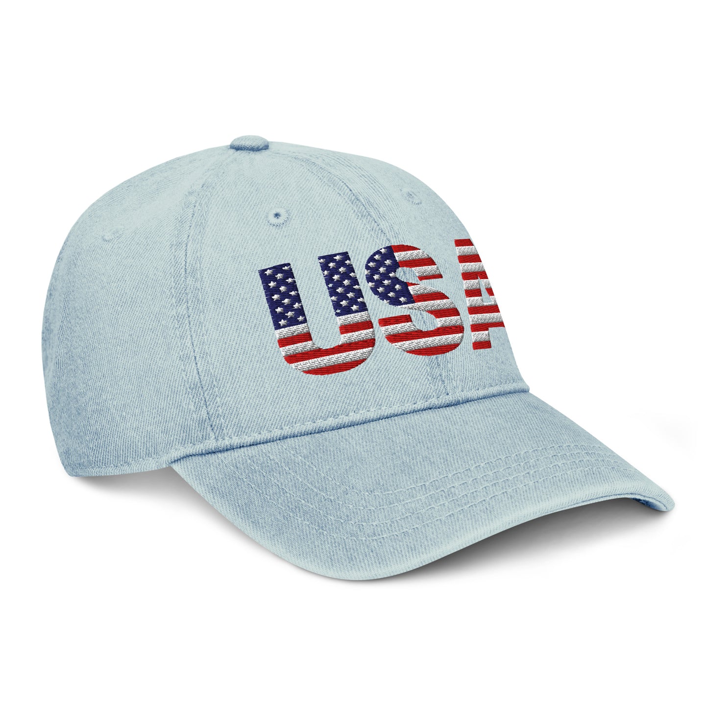 Left side view of light denim hat showcasing "USA" flag embroidery