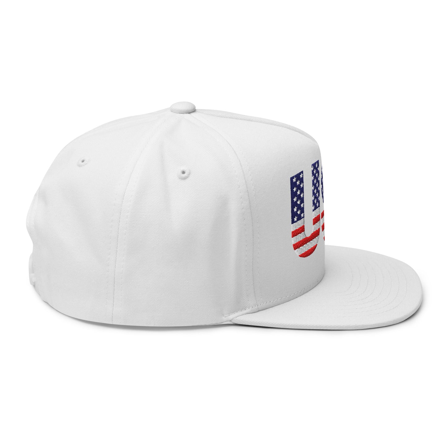 Front-right view of white flat bill snapback cap with bold "USA" flag-style embroidery in red, white & blue, green undervisor peekin'