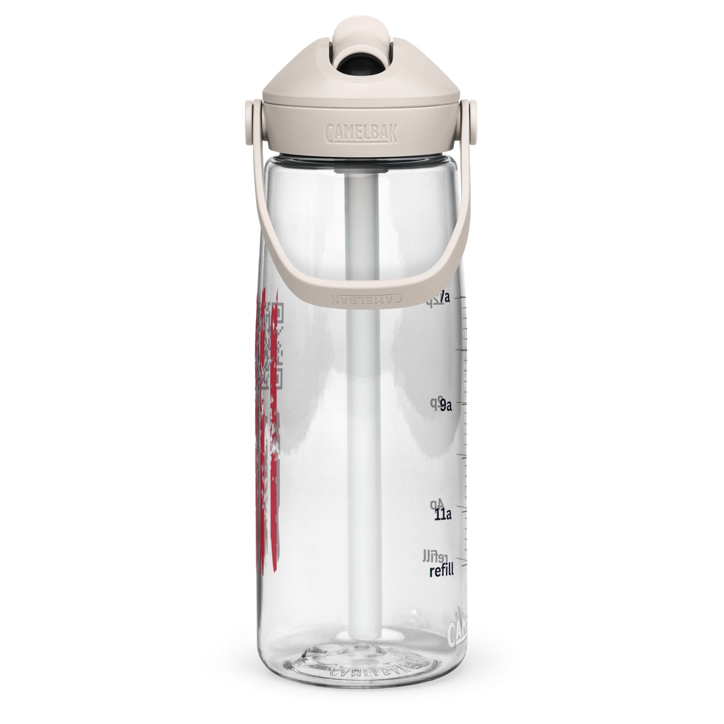 Close-up on beige CamelBak lid and flip straw atop clear bottle with red stripes, 9oz marking visible