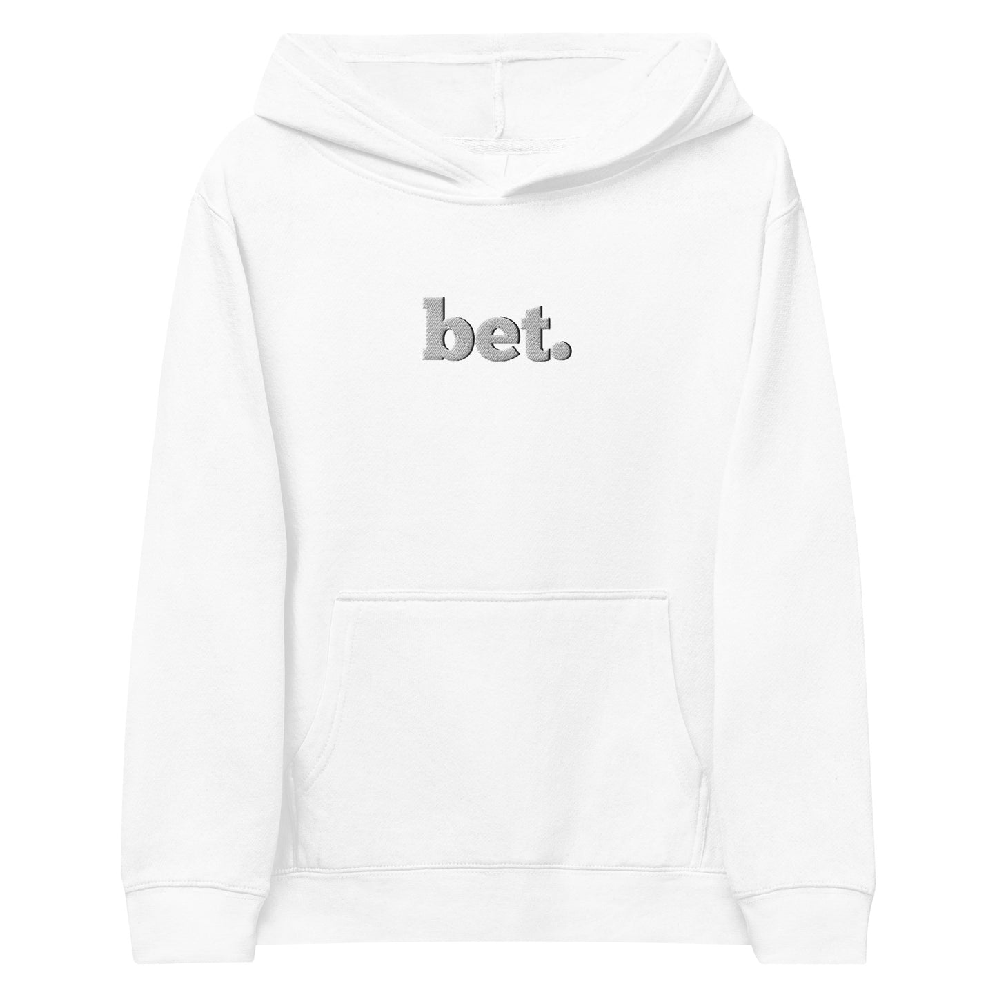 Clean front view of white kids fleece hoodie, gray "bet." embroidery, laid flat and ready