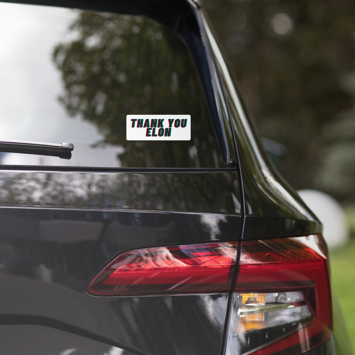 Rear view of black car with cheeky white "Thank You Elon!" sticker on window, bold black text popping against tinted glass