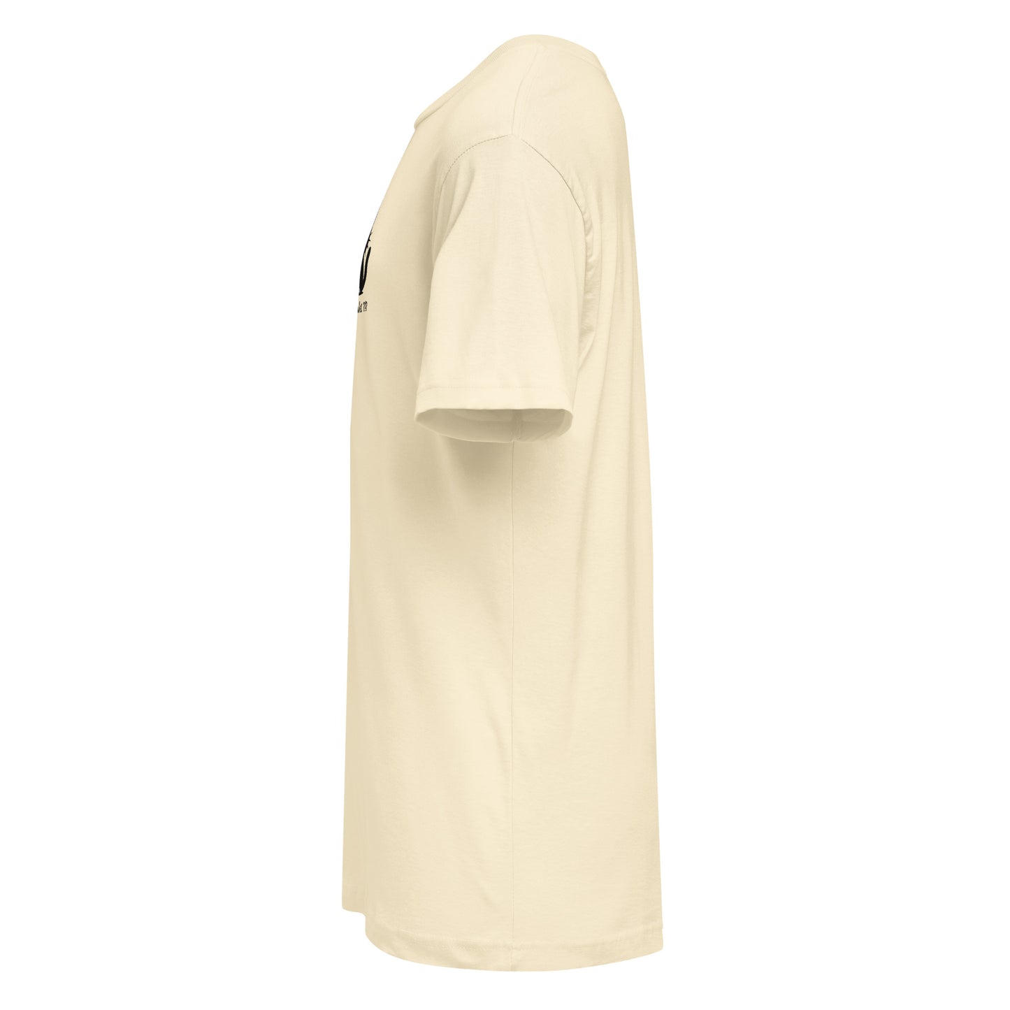 Left side view of natural beige tee showing edge of black cat embroidery