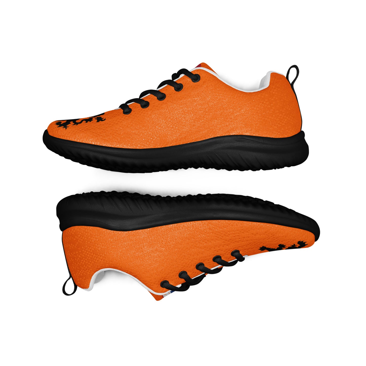 Overhead orange flyknit men's shoes with black lion details, black soles and white laces in clean stack