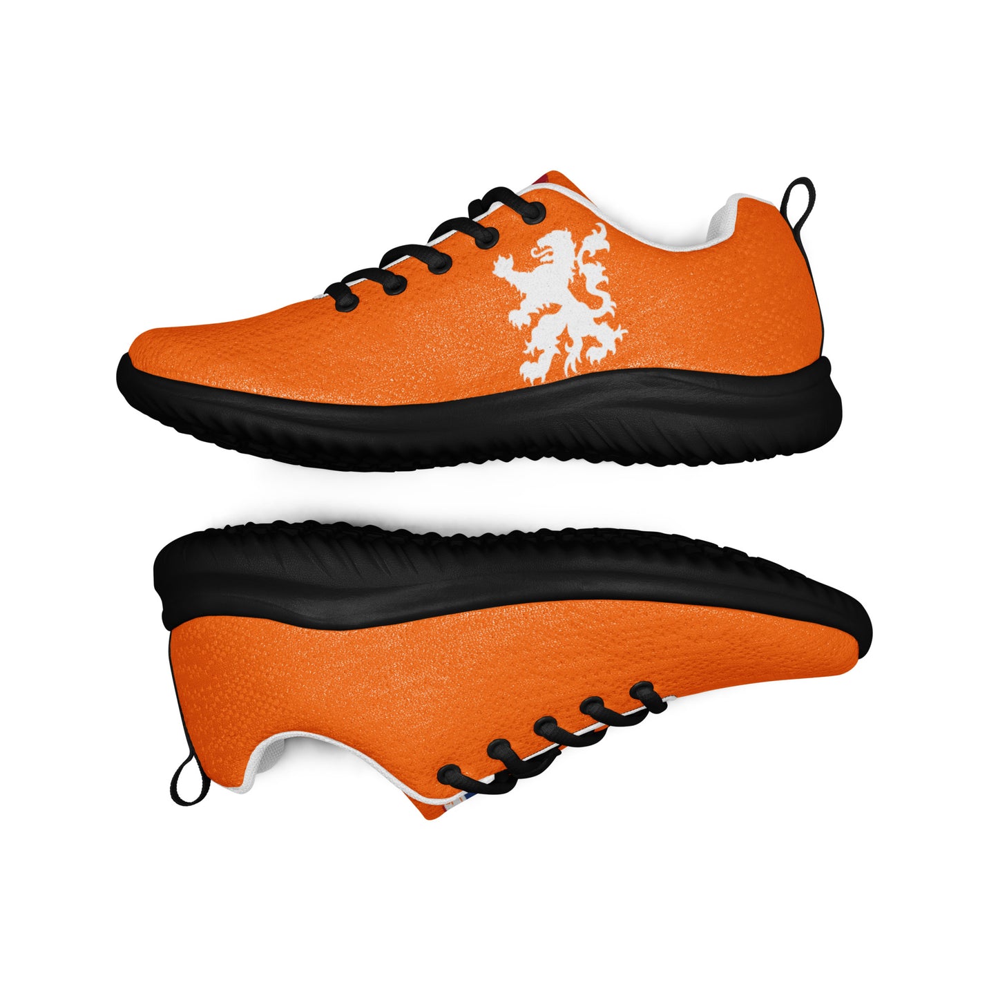 Vertical pair of orange men's sneakers displaying white lion rampant & Dutch flag, black laces & rubber soles
