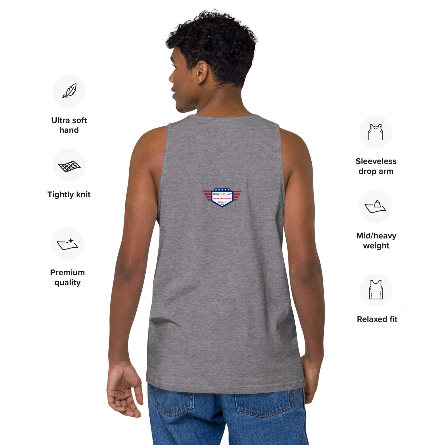 Back view of model in athletic heather gray tank top with USA shield badge and feature icons like tight knit, mid-heavy weight
