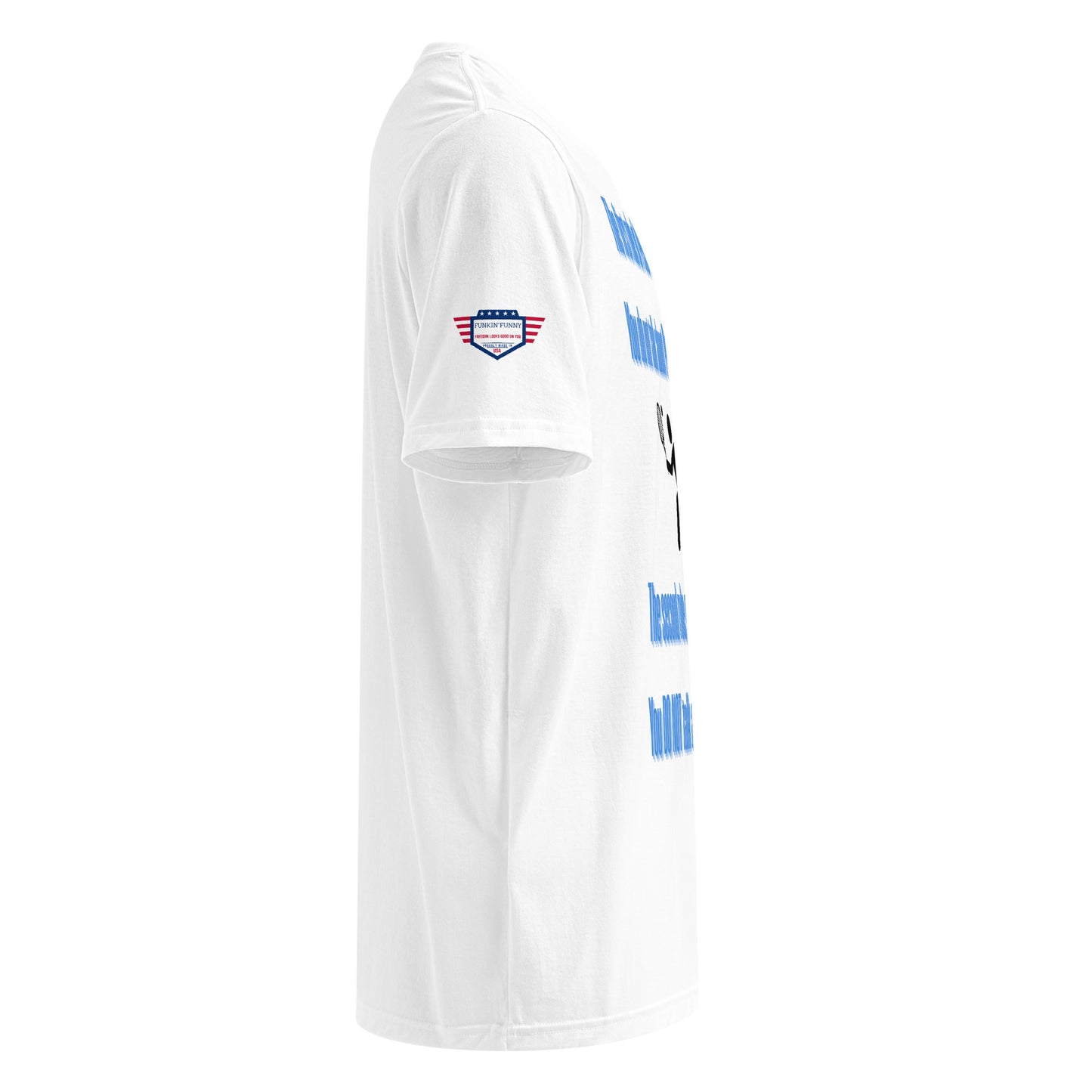 Left side view of white Under Armour athletic tee with partial blue text "brain hill?", flag sleeve patch, and UA logo