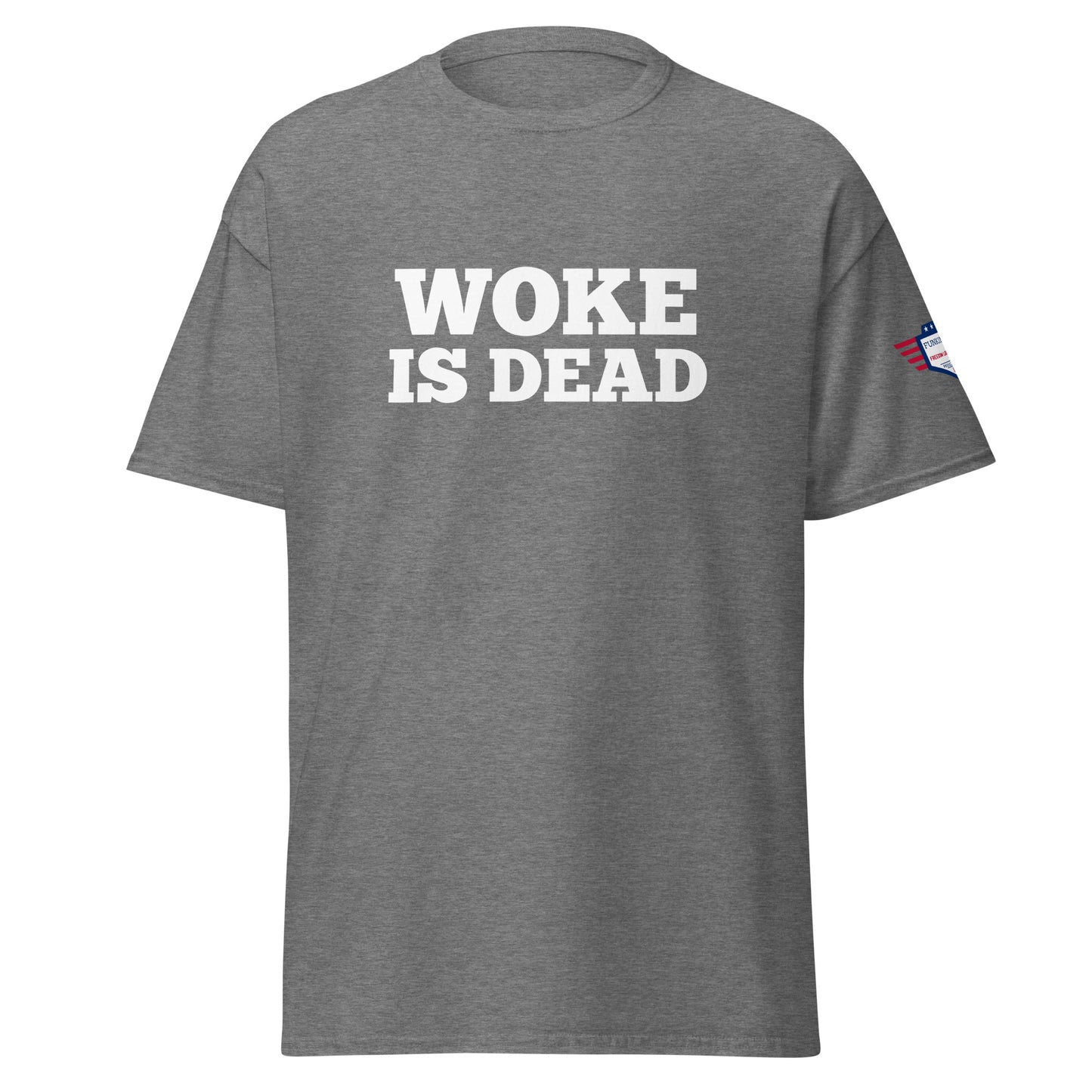 Athletic heather gray unisex tee front boasting white "WOKE IS DEAD" print, flag sleeve