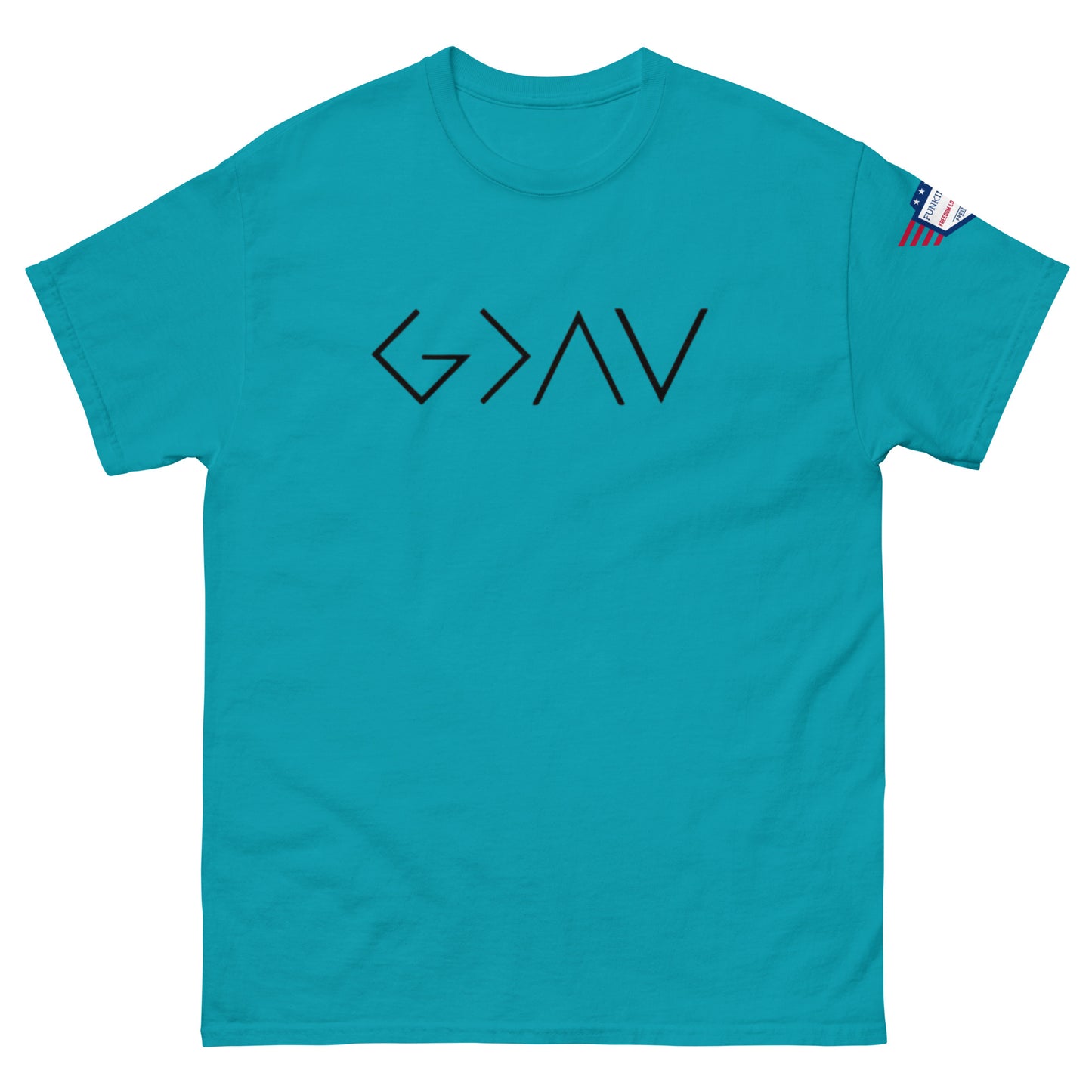 Front view of turquoise unisex t-shirt with bold black "G > AV" chest print and US flag sleeve patch