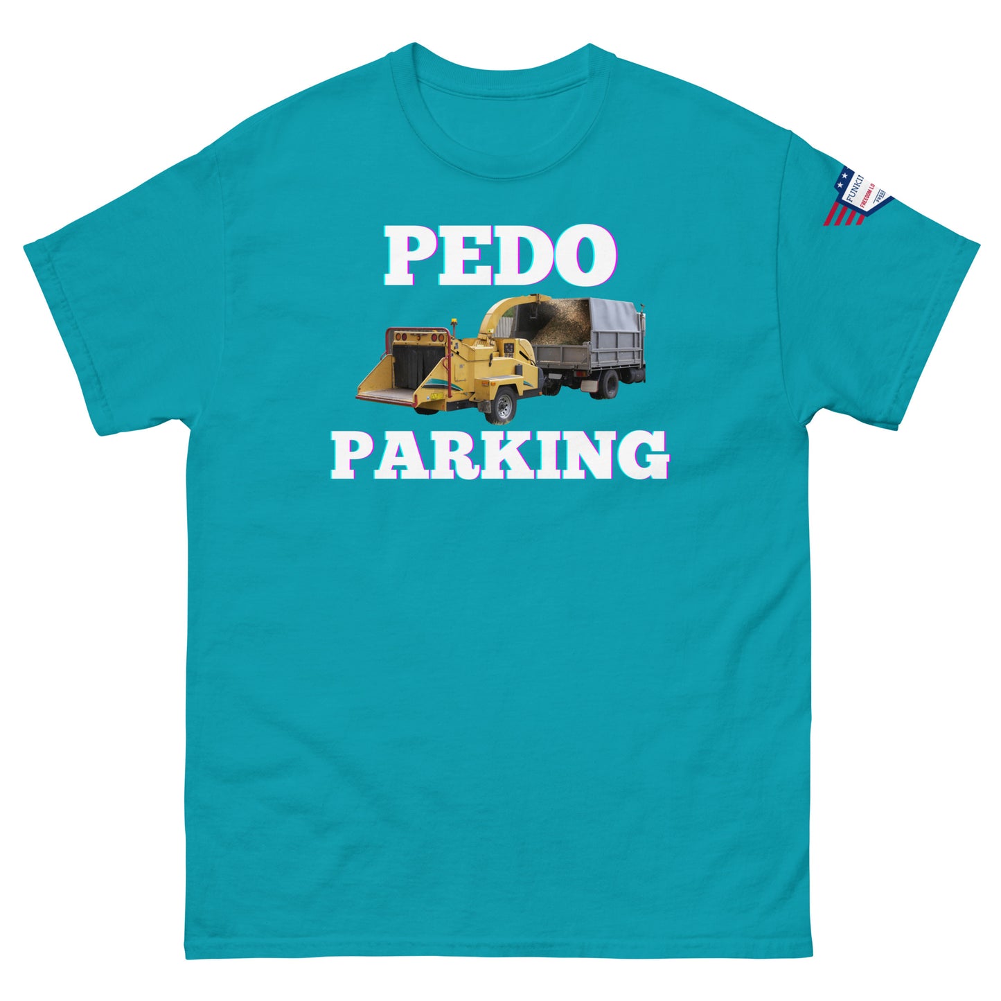 Front view of teal unisex tee with pink-glow "PLOWDO PARKING" print, yellow plow truck graphic, USA flag sleeve patch
