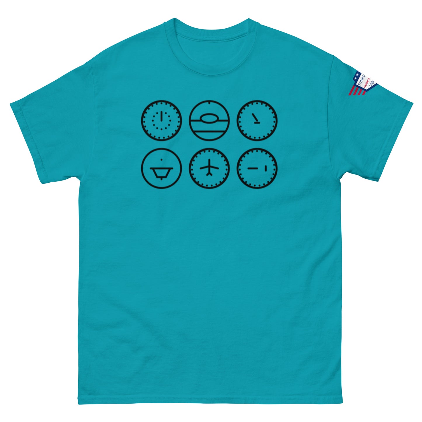 Cyan blue classic tee front featuring six expressive black clock designs
