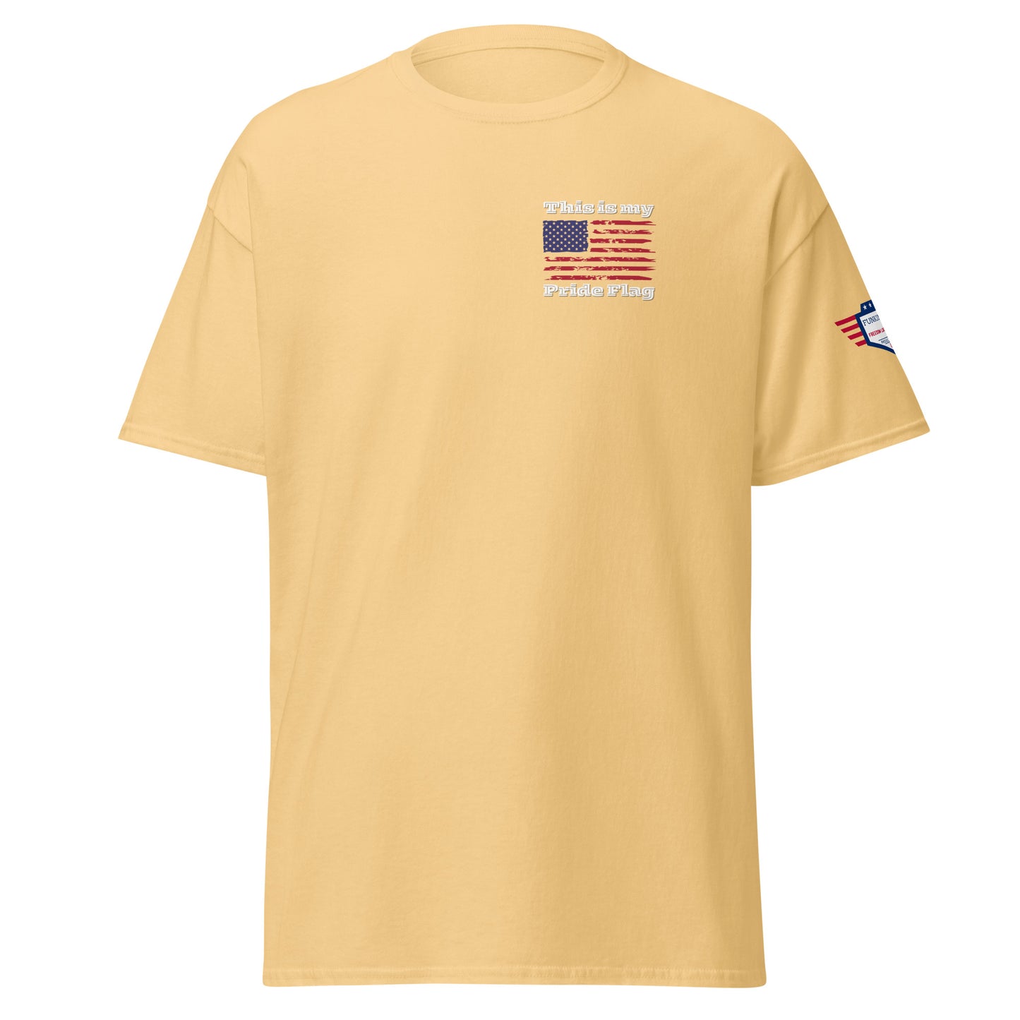 Front view of yellow haze t-shirt: small "This is my Pride Flag" arched with flag