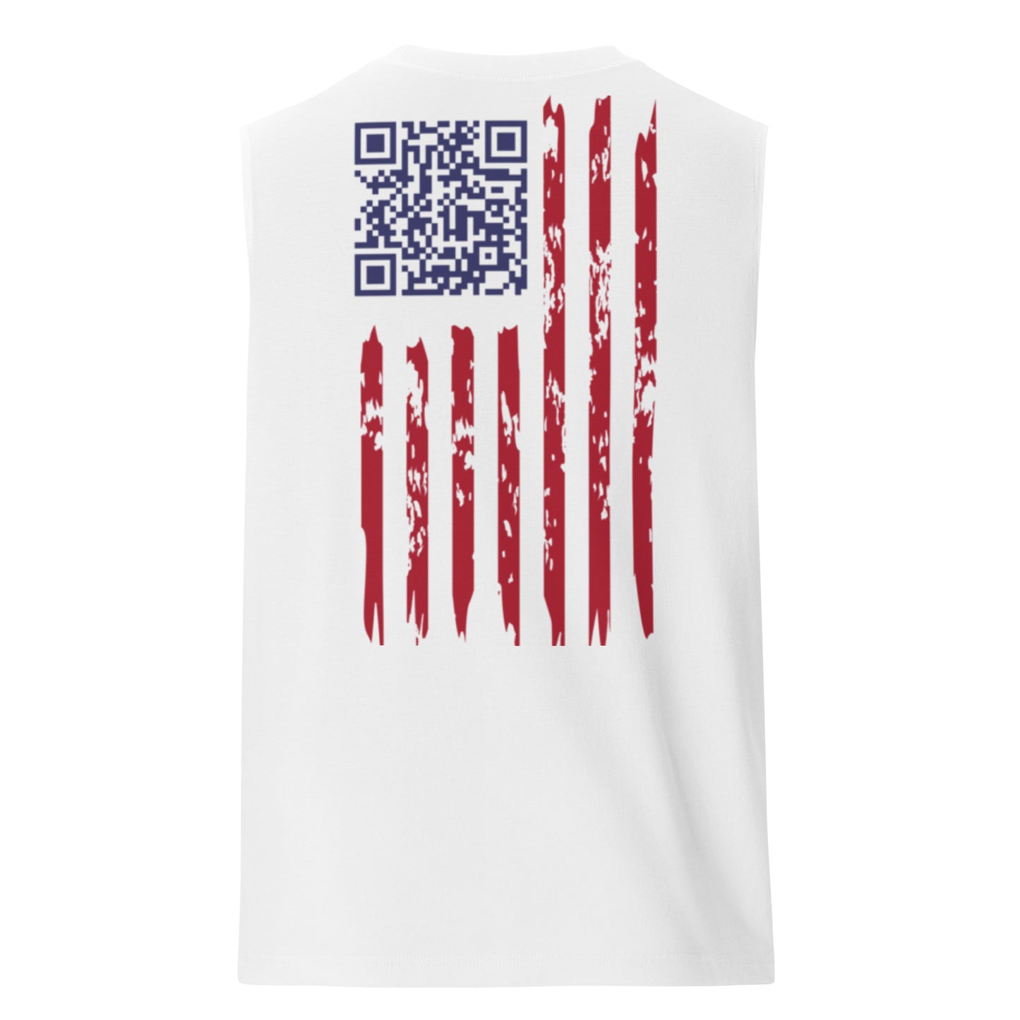 Back view of white muscle tank with blue QR code over red-and-white distressed stripes