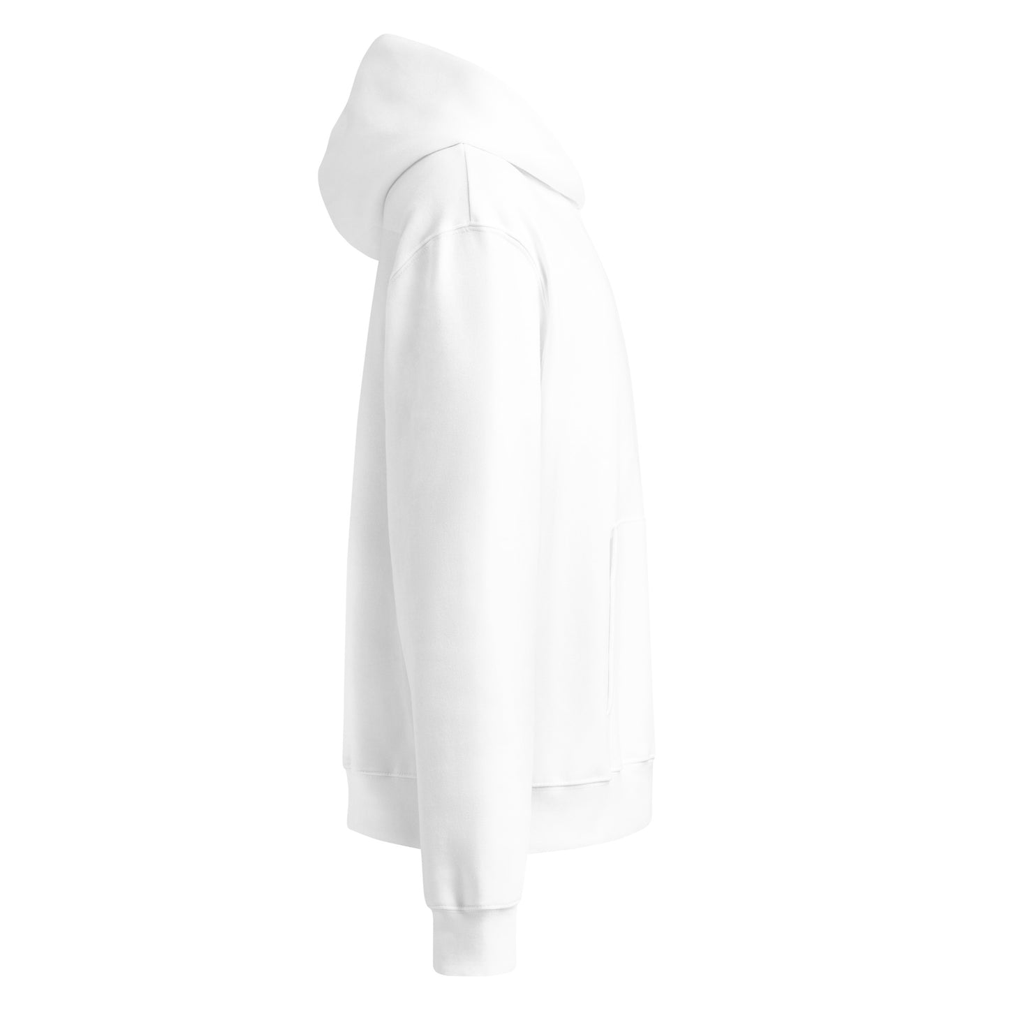 Side view of white oversized heavyweight hoodie, subtle "wabi sabi" script on chest, hood up embracing the cozy chaos