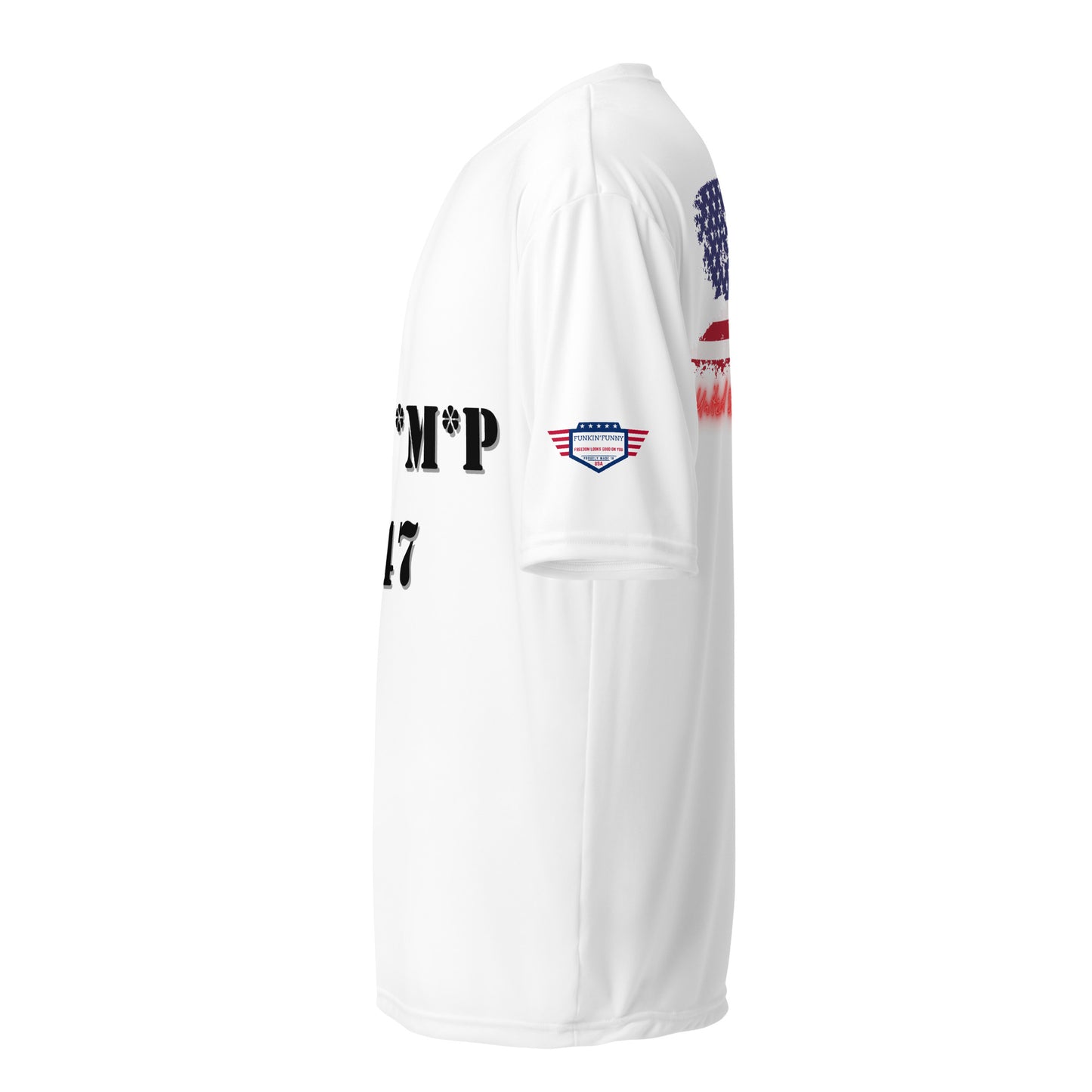 Right side view of white performance crew tee with partial black "T*R*U*M*P 4547" stencil and flag sleeve patch