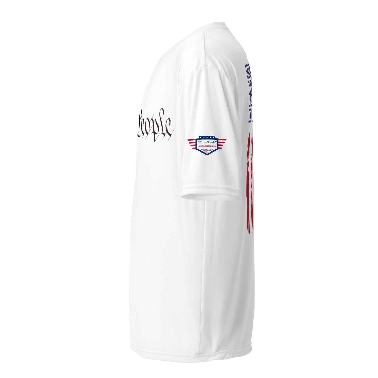 Side view of white "We the People" tee highlighting flag patch and edge stripe detail